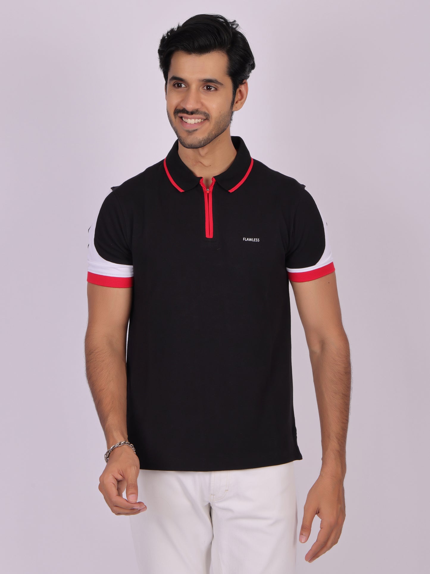 Men's Black Cotton Polo T-Shirt with Zipper- Casual, Office Wear Being Flawless