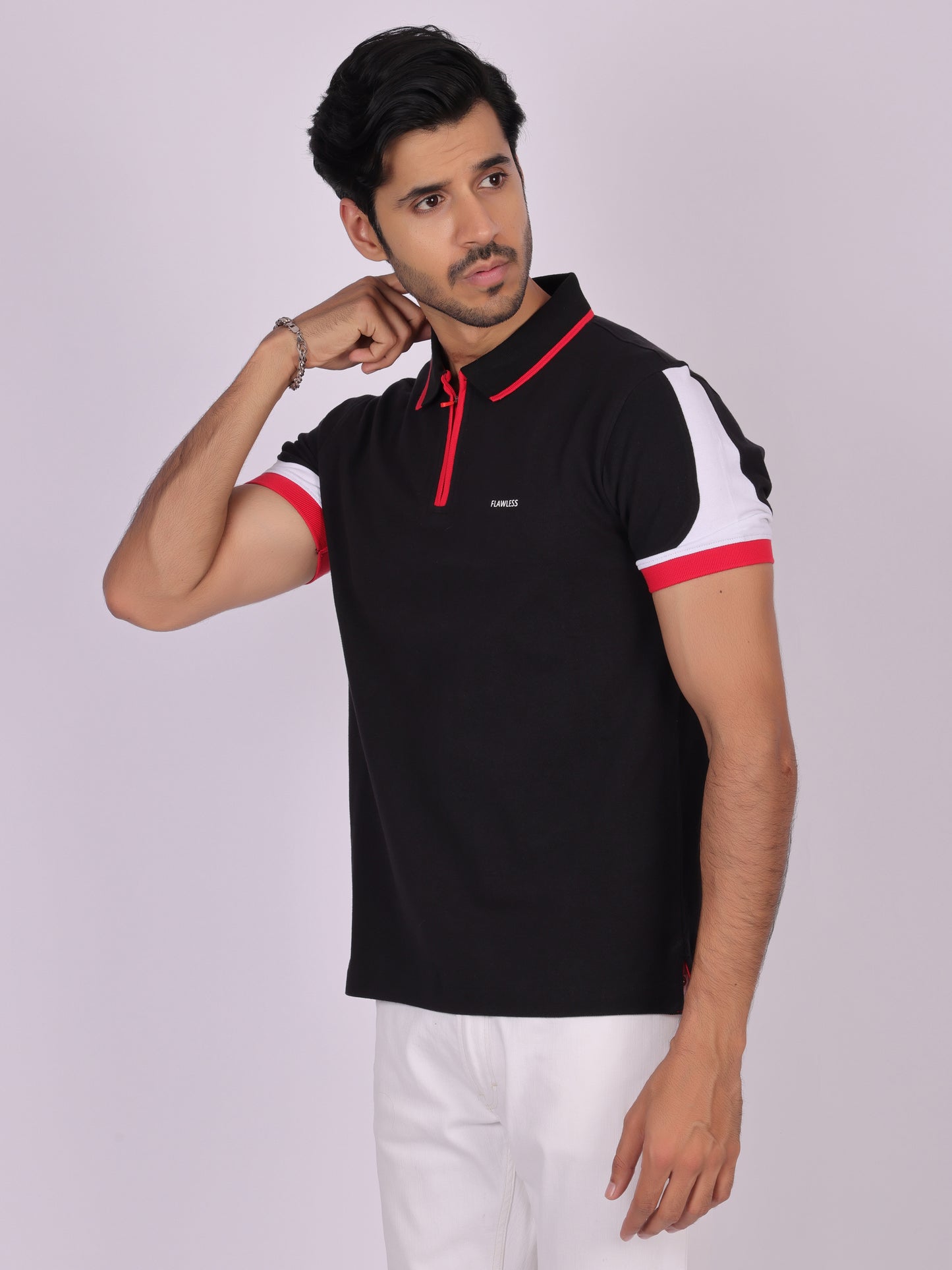 Men's Black Cotton Polo T-Shirt with Zipper- Casual, Office Wear Being Flawless