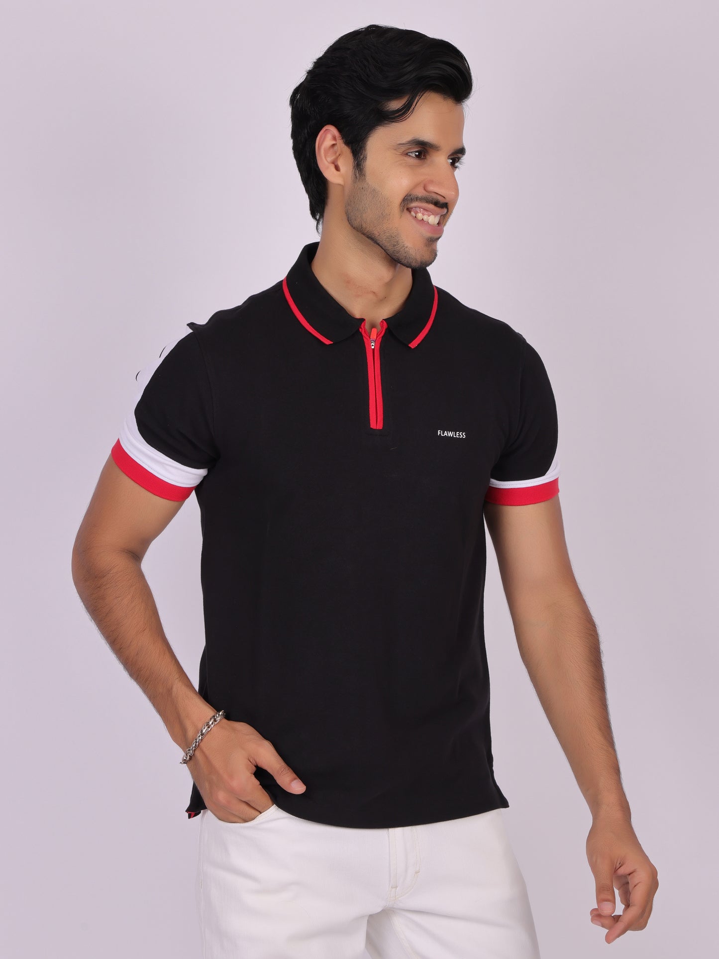 Men's Black Cotton Polo T-Shirt with Zipper- Casual, Office Wear Being Flawless