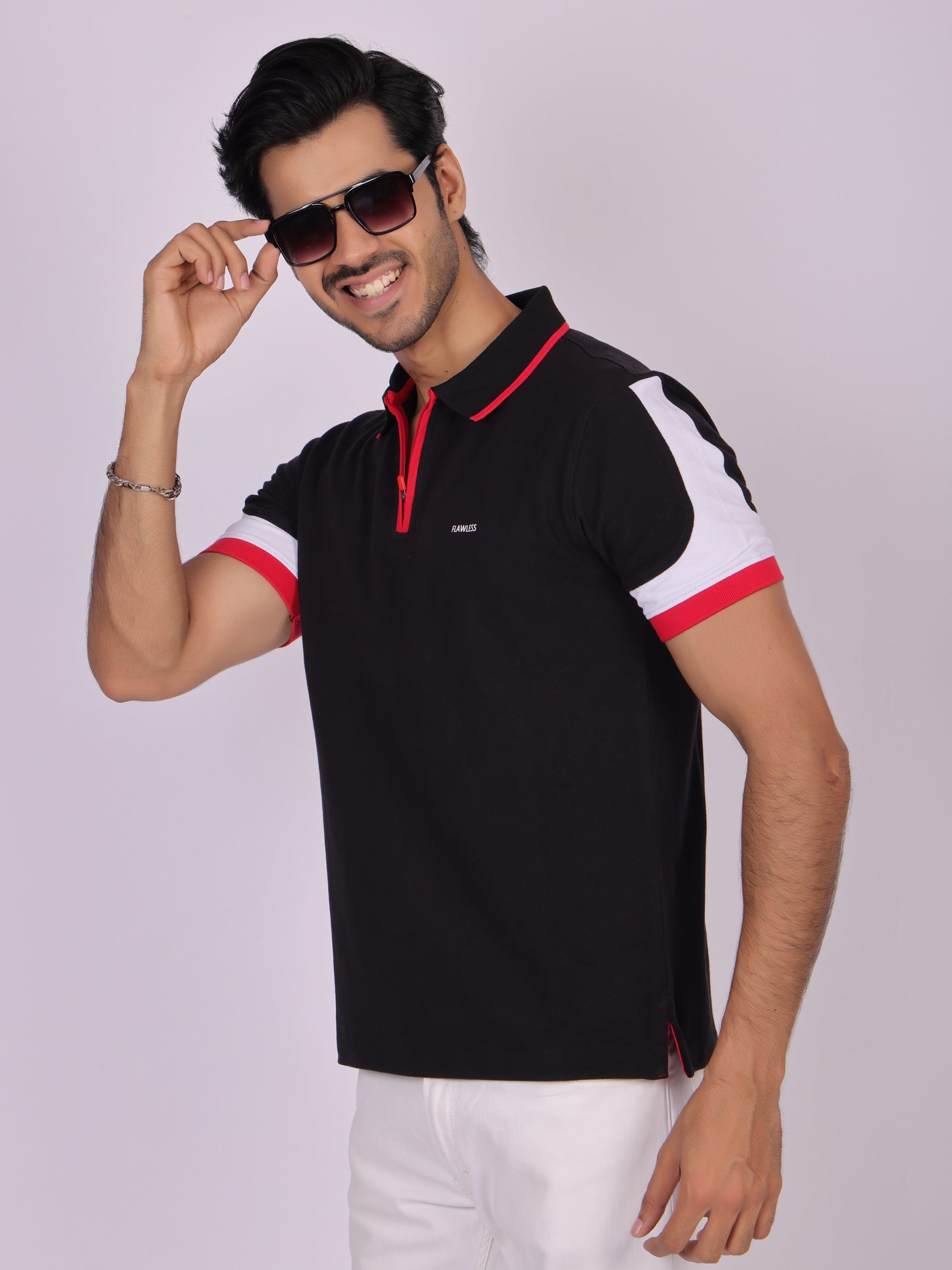 Men's Black Cotton Polo T-Shirt with Zipper- Casual, Office Wear Being Flawless