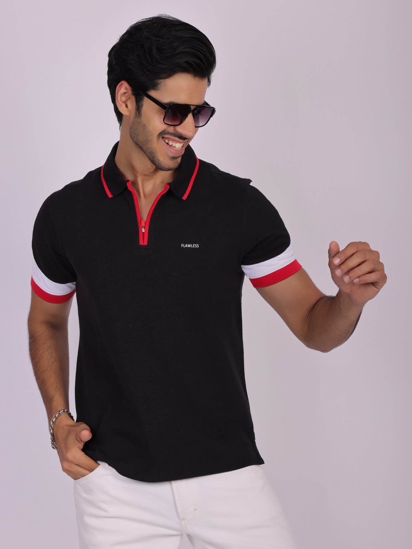 Men's Black Cotton Polo T-Shirt with Zipper- Casual, Office Wear Being Flawless