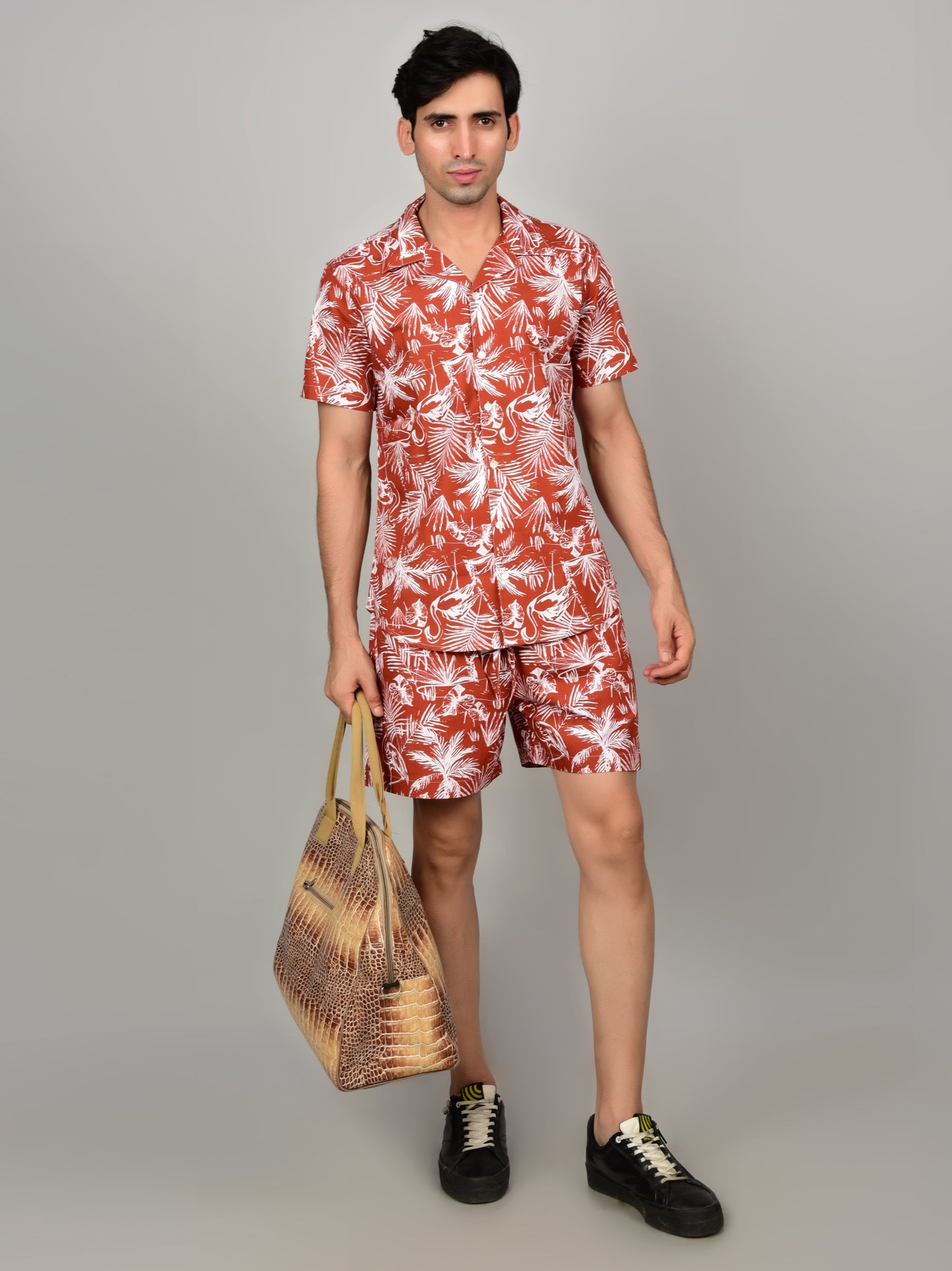 Men's Red Floral Cord Set - Casual Shirt & Short Set - Summer Style Being Flawless