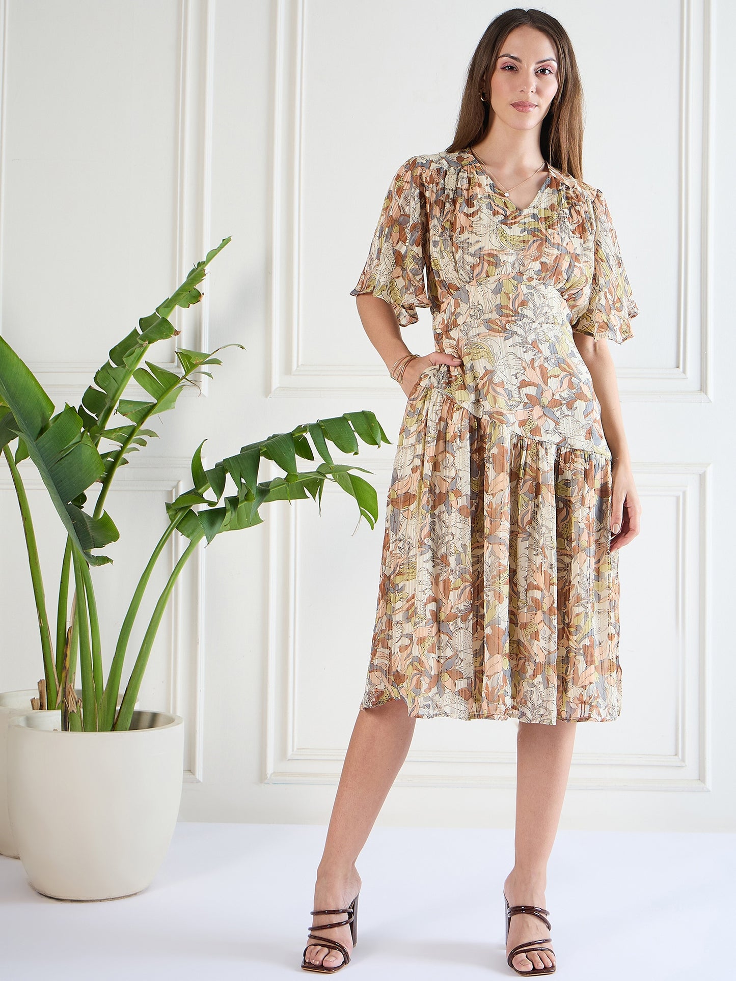 Chic Beige Printed Midi Dress with Pockets | VINTAGE