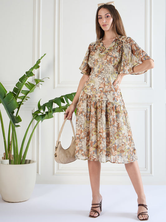 Chic Beige Printed Midi Dress with Pockets | VINTAGE