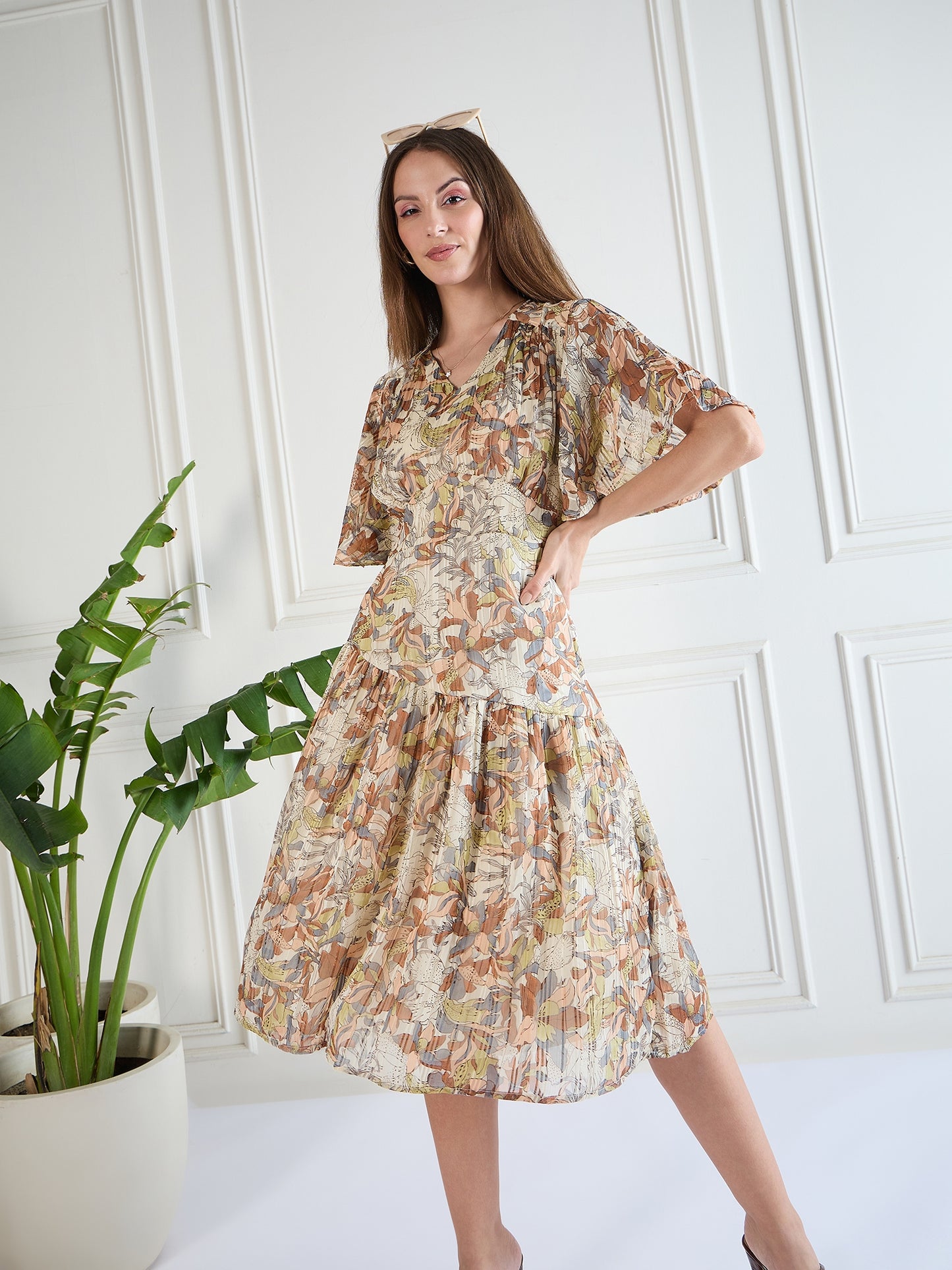 Chic Beige Printed Midi Dress with Pockets | VINTAGE