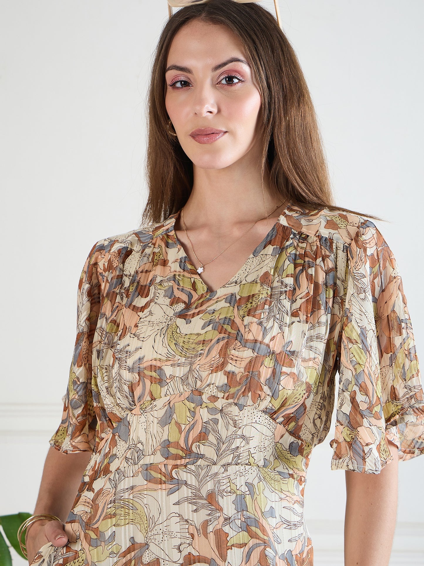 Chic Beige Printed Midi Dress with Pockets | VINTAGE