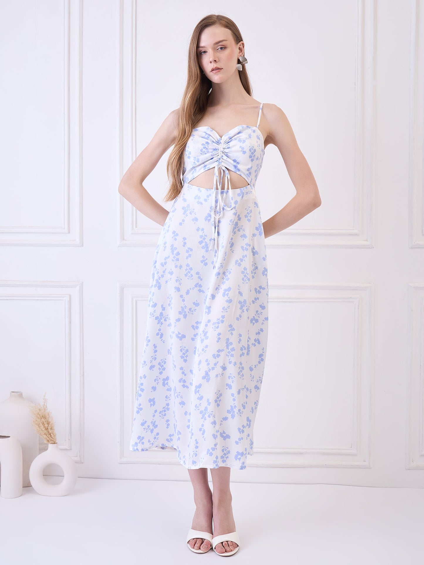 Flawless Cutout Satin Dress - Blue and White Being Flawless
