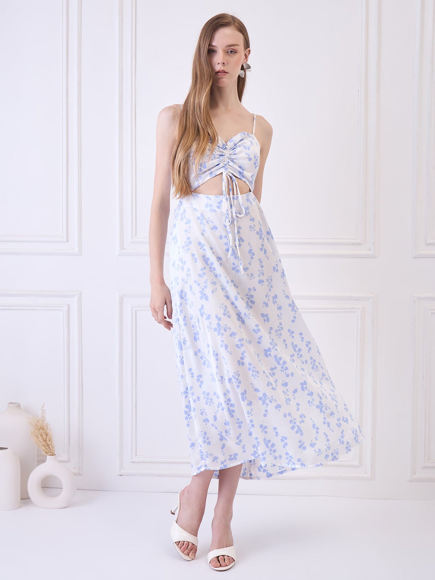 Flawless Cutout Satin Dress - Blue and White Being Flawless
