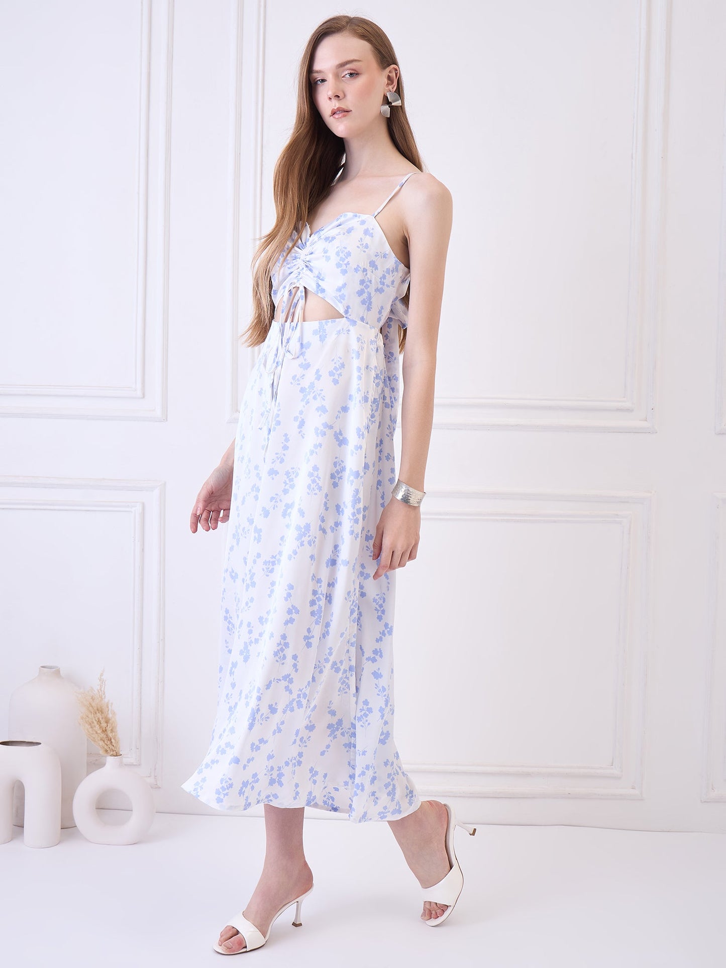 Flawless Cutout Satin Dress - Blue and White Being Flawless