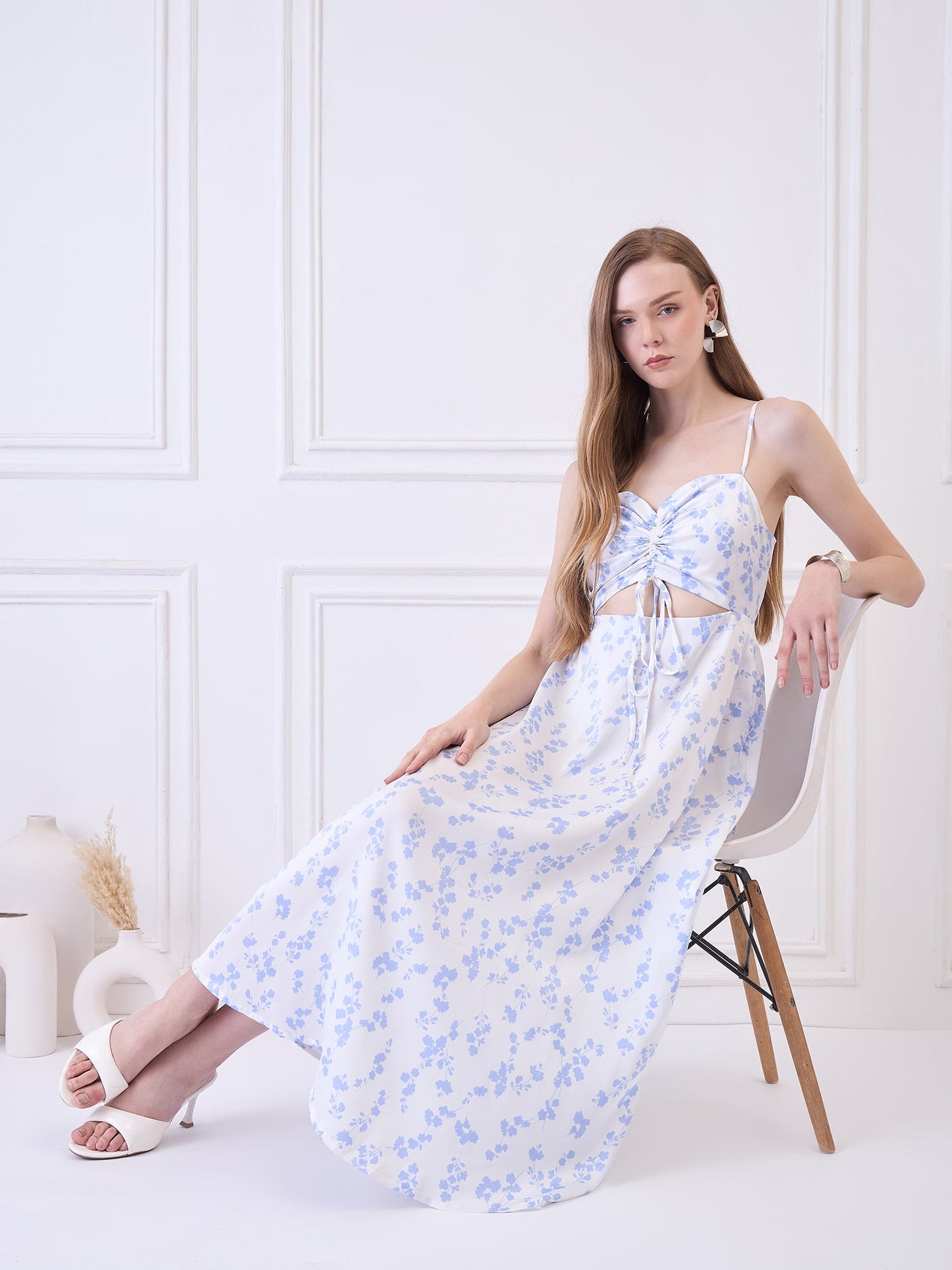 Flawless Cutout Satin Dress - Blue and White Being Flawless