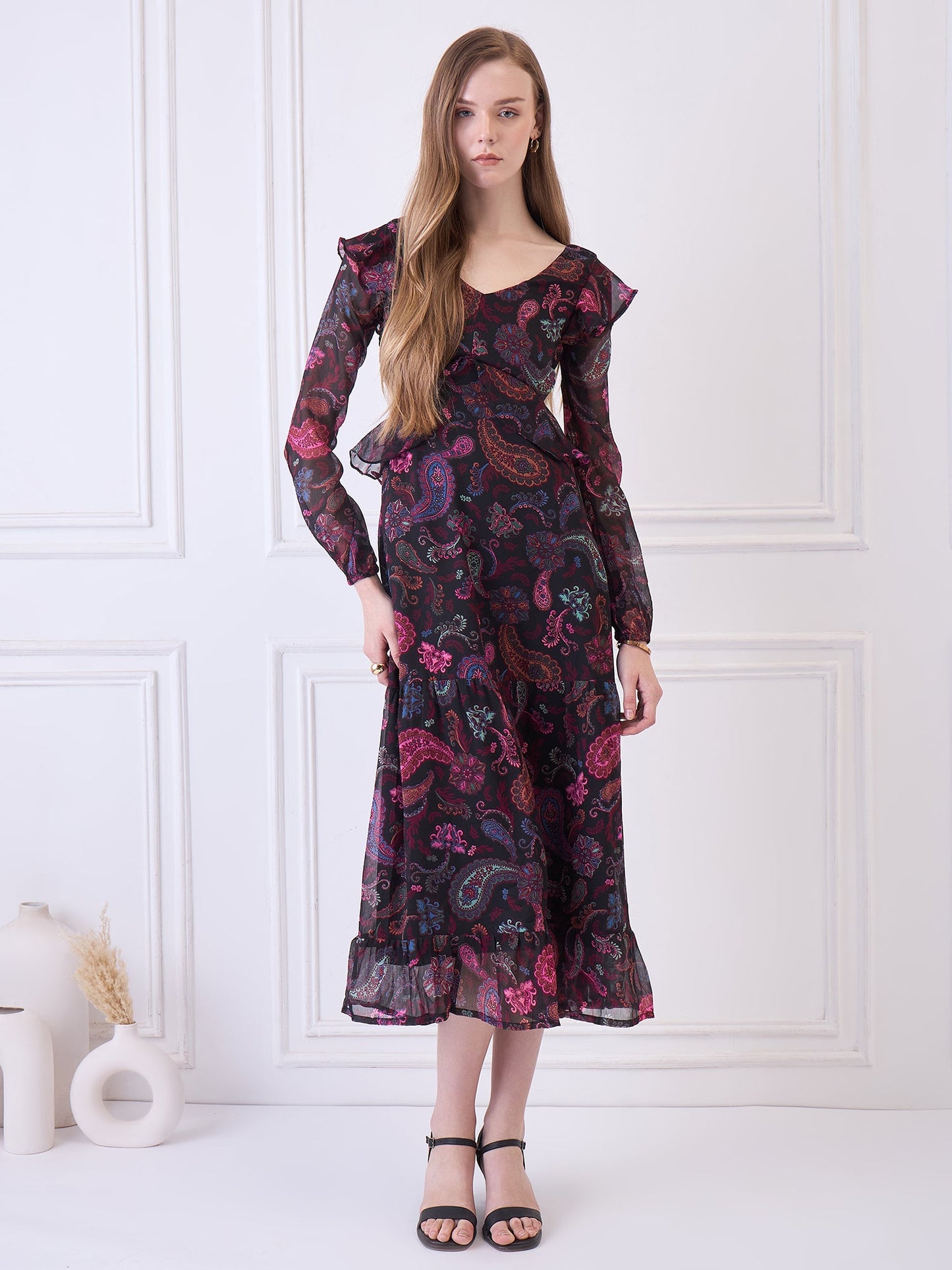 Flawless Women Multicolor Maxi Maroon Dress | RUFFLE Being Flawless