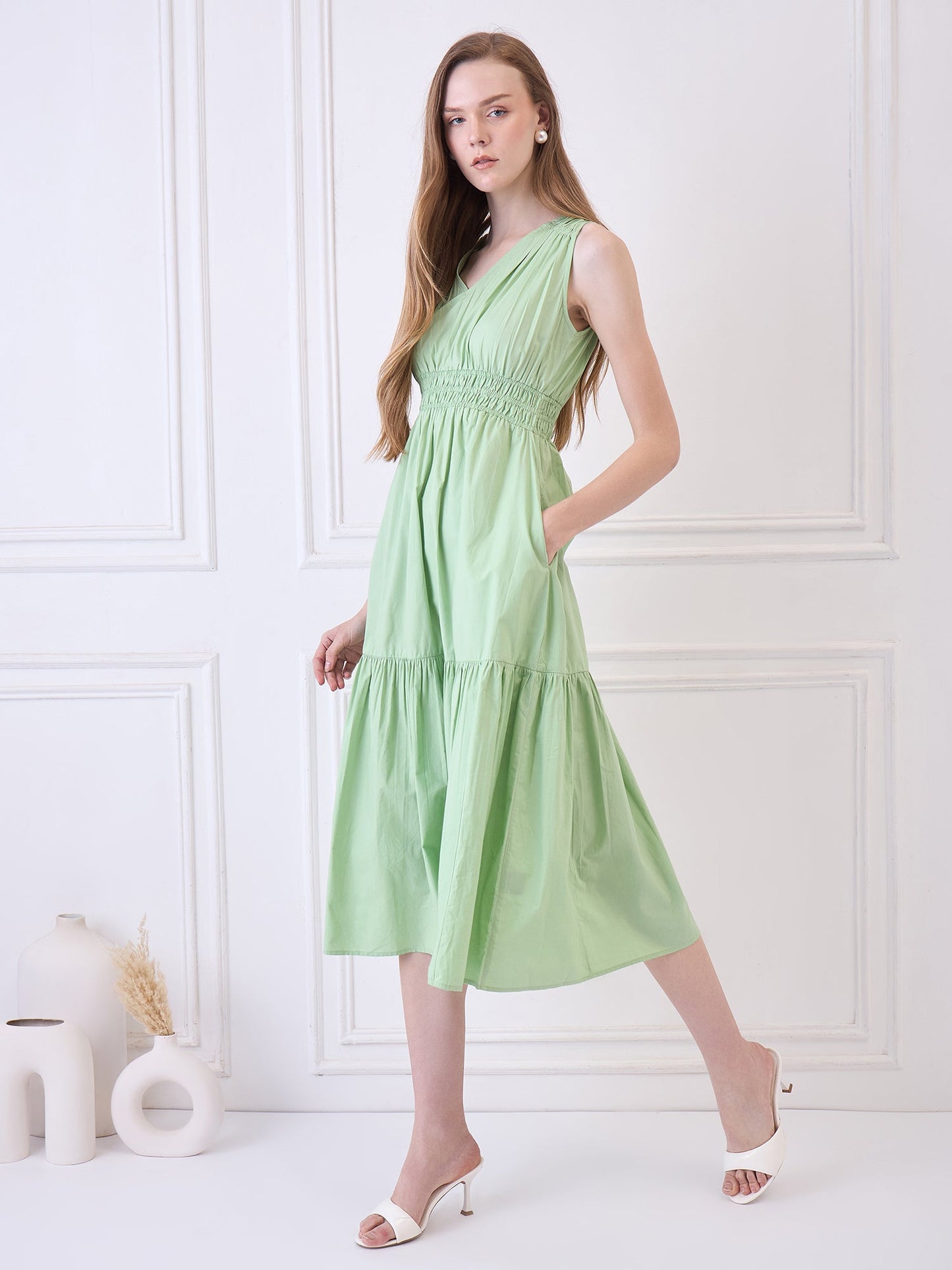 Flawless Cotton Fit and Flare Dress - Green color Being Flawless