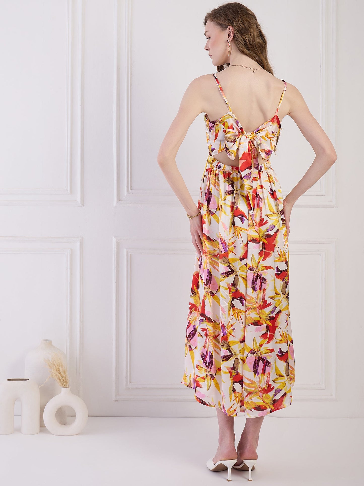 Flawless Floral cut out Satin Dress - Yellow & Orange Being Flawless