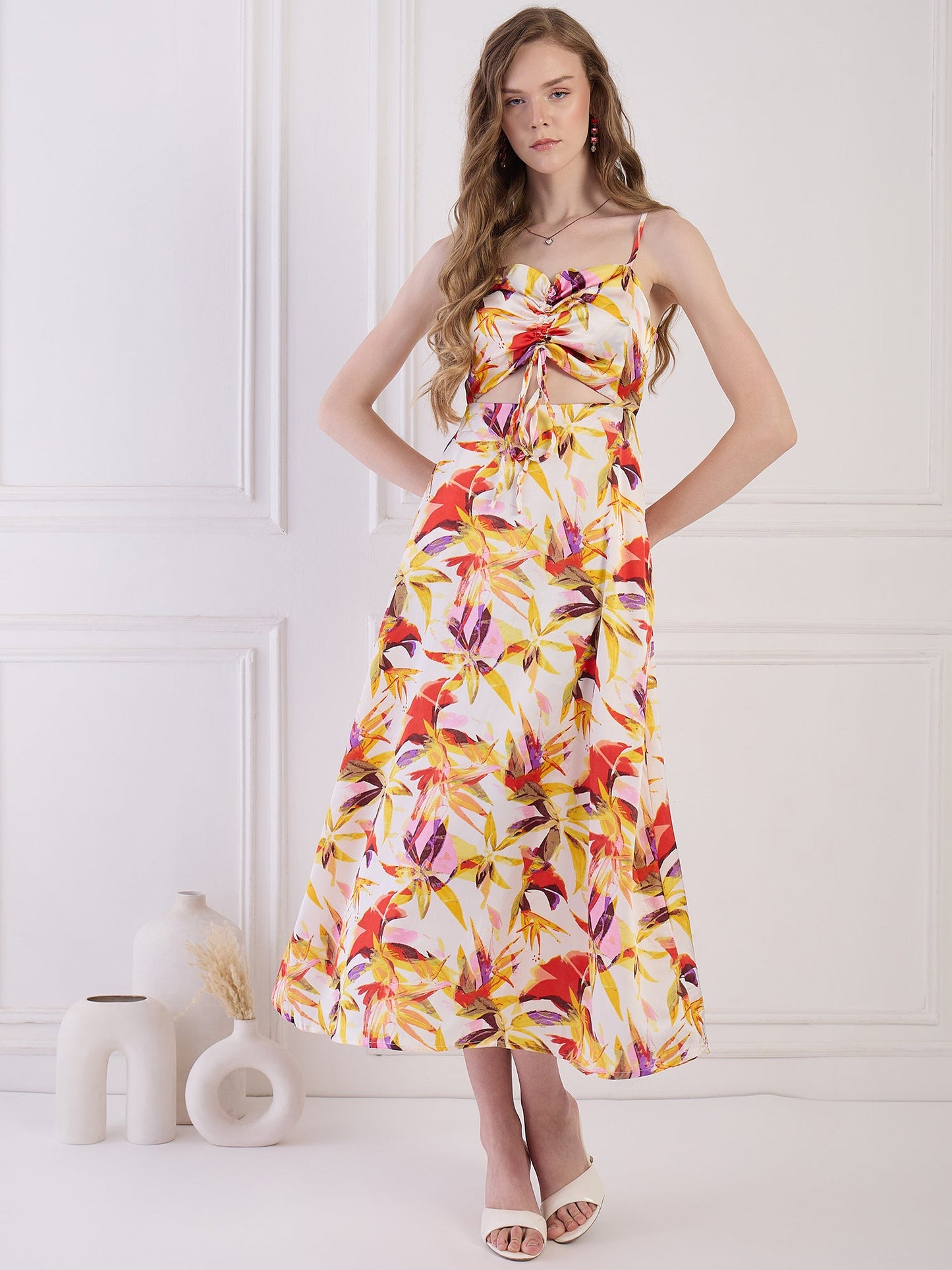 Flawless Floral cut out Satin Dress - Yellow & Orange Being Flawless