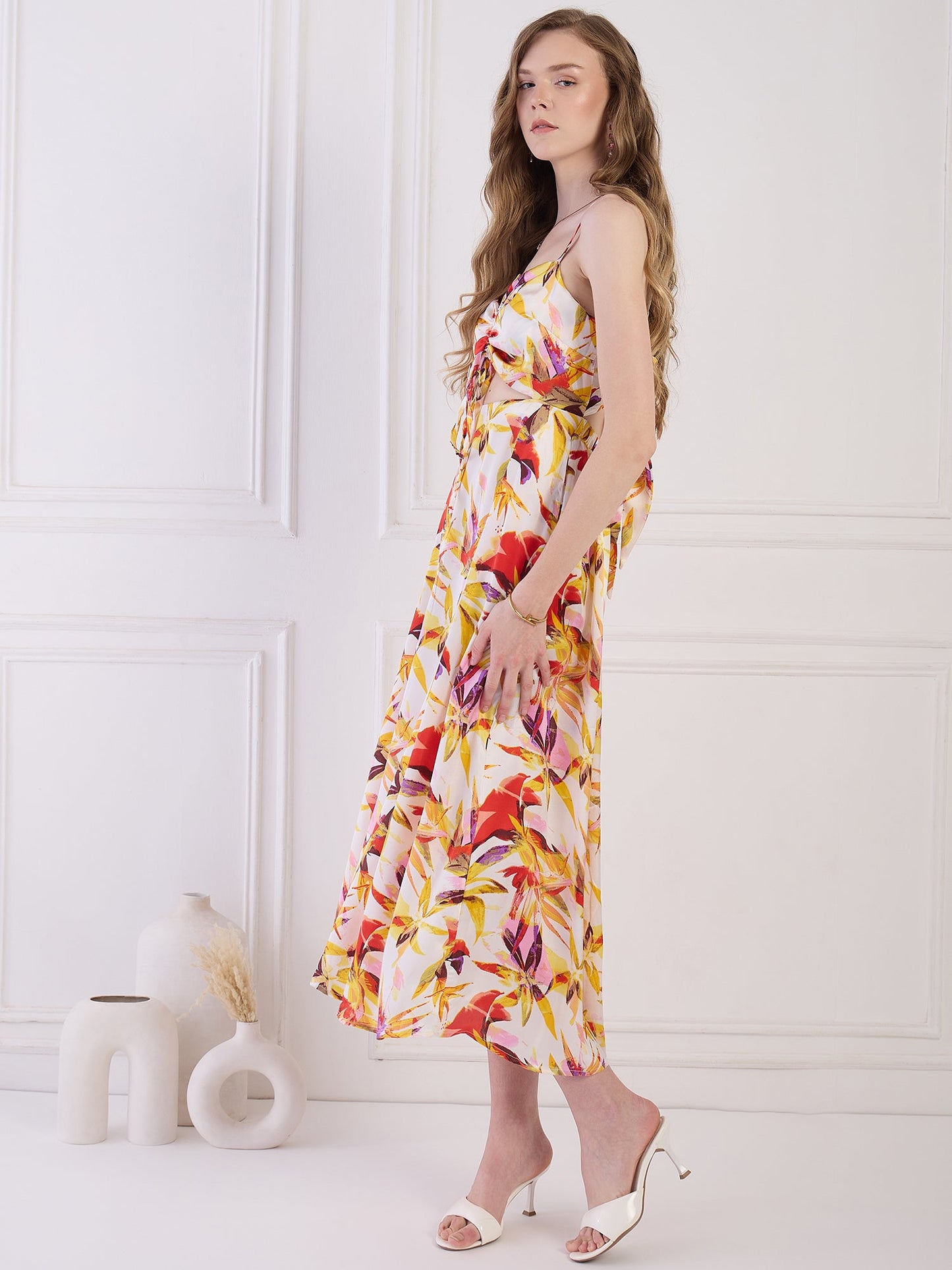 Flawless Floral cut out Satin Dress - Yellow & Orange Being Flawless