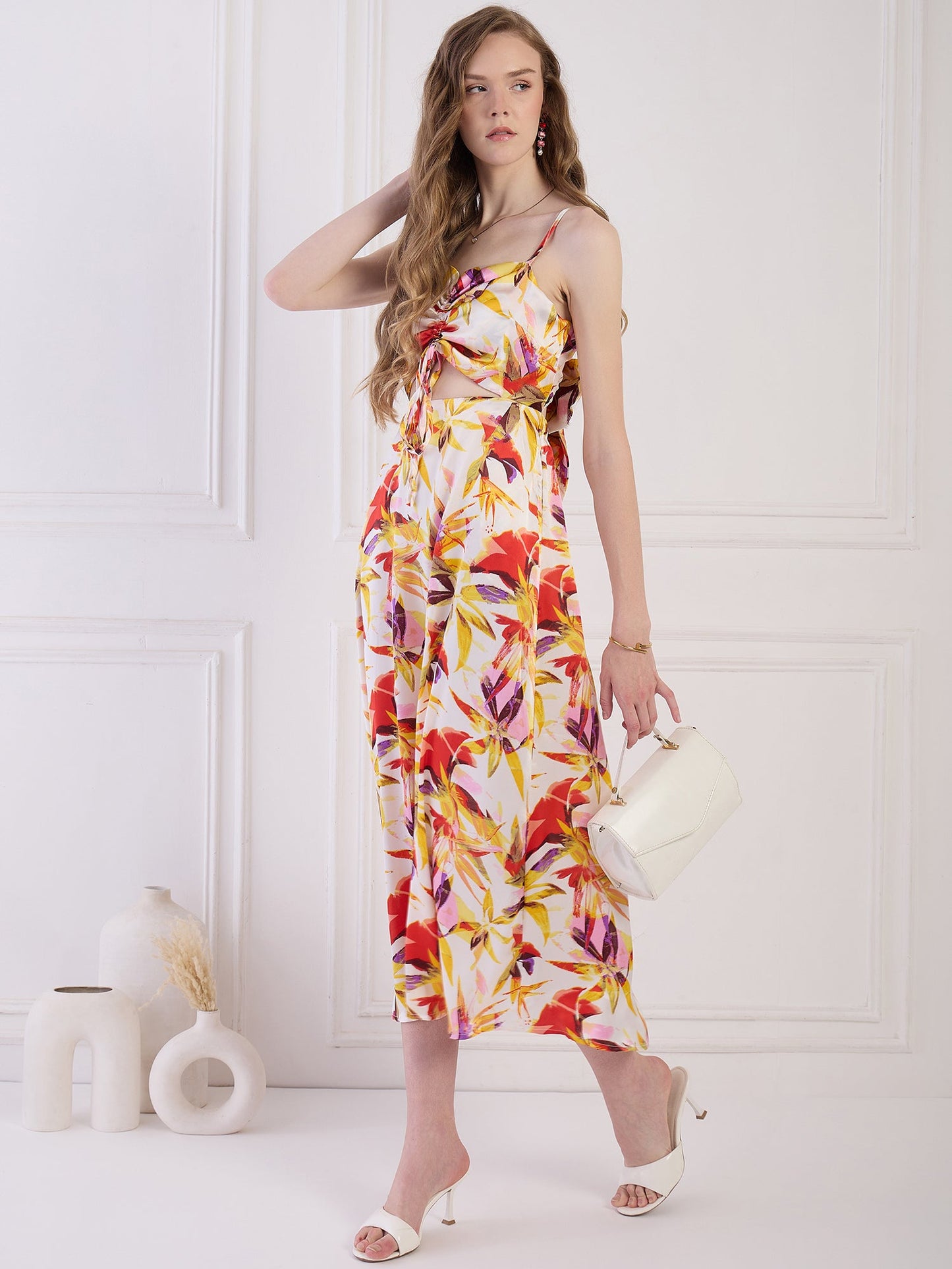 Flawless Floral cut out Satin Dress - Yellow & Orange Being Flawless