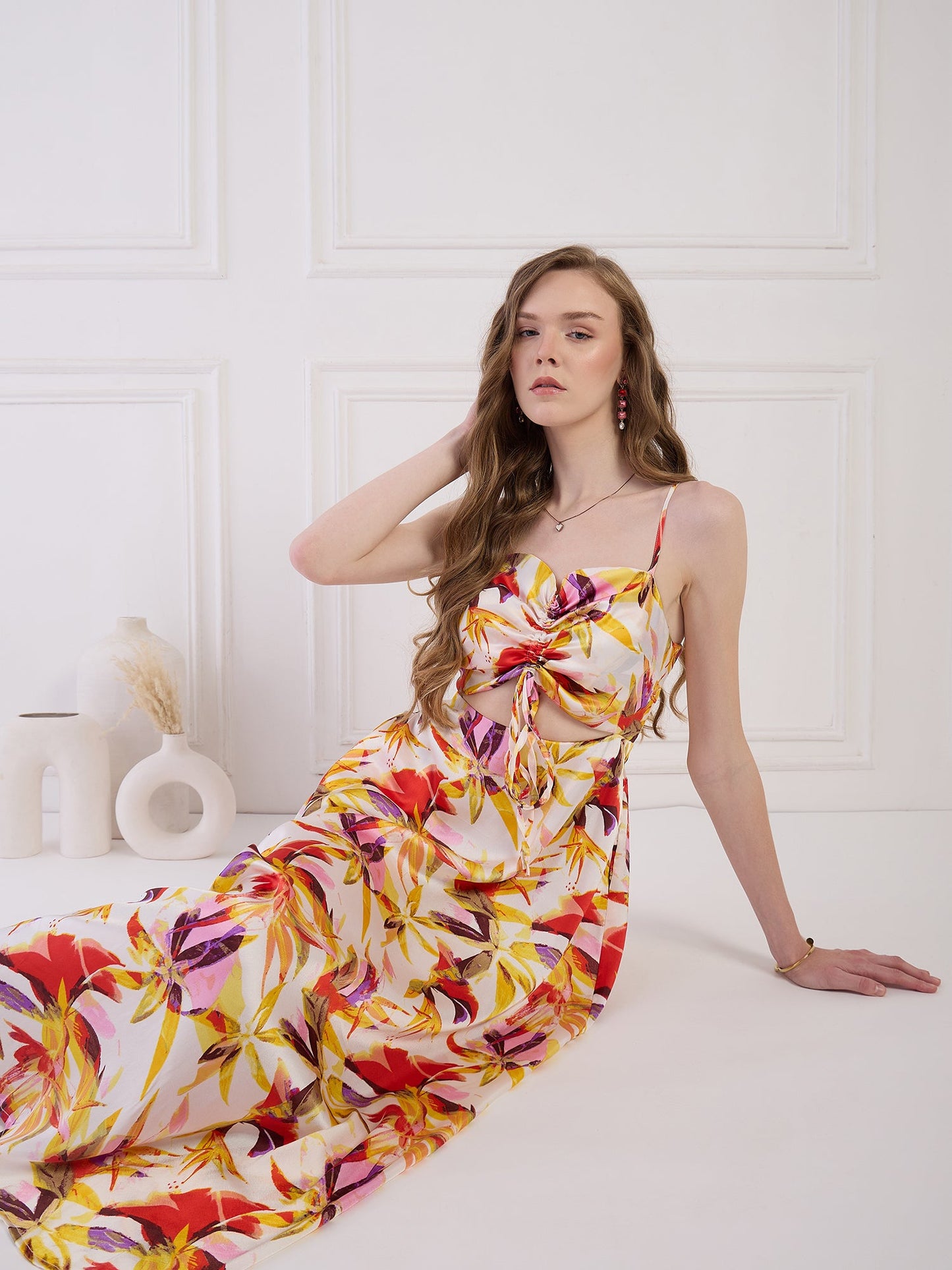 Flawless Floral cut out Satin Dress - Yellow & Orange Being Flawless