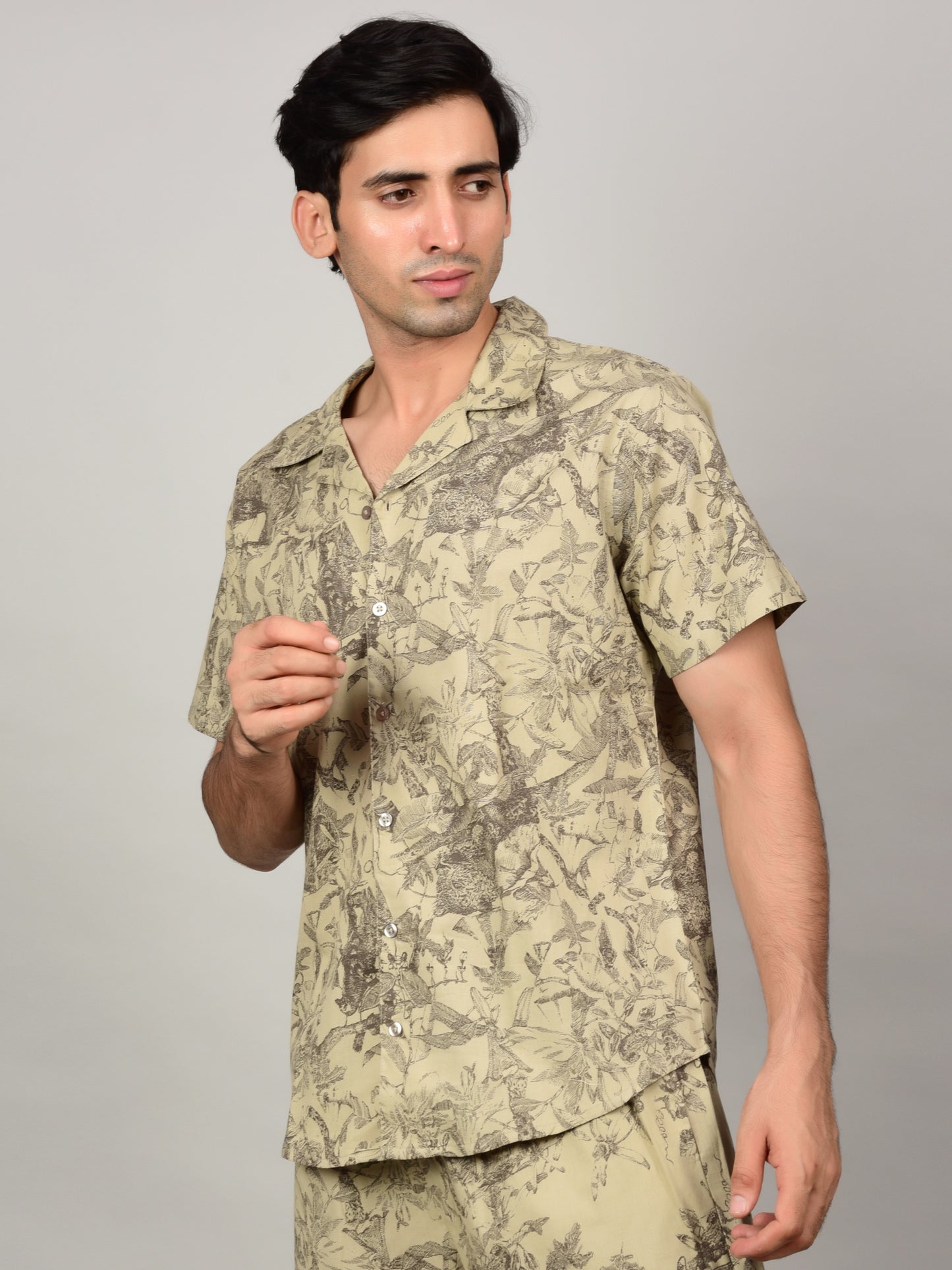 Men's Light Olive Floral Print Casual Shirt Being Flawless