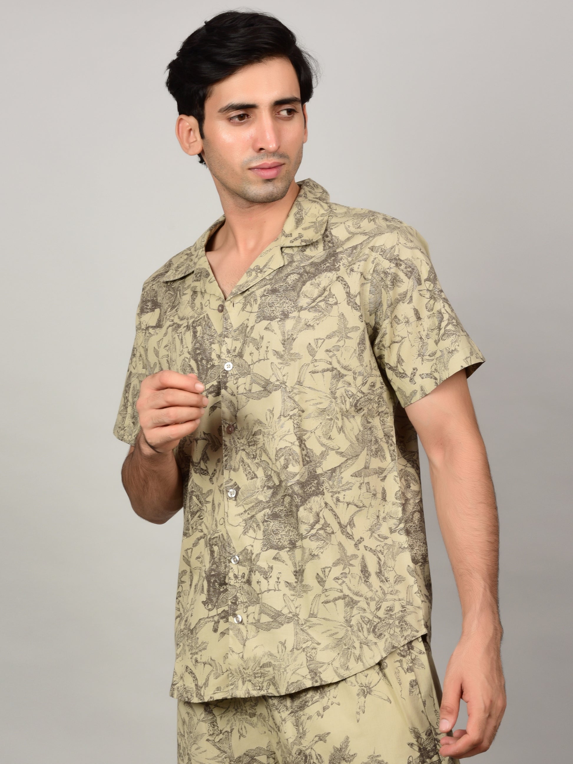 Men's Light Olive Floral Print Casual Shirt Being Flawless
