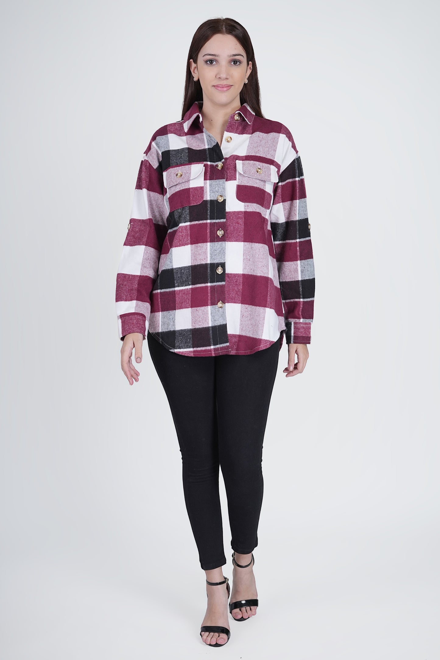 Black and Pink Women's Boxy Fit Checkered Shacket Being Flawless