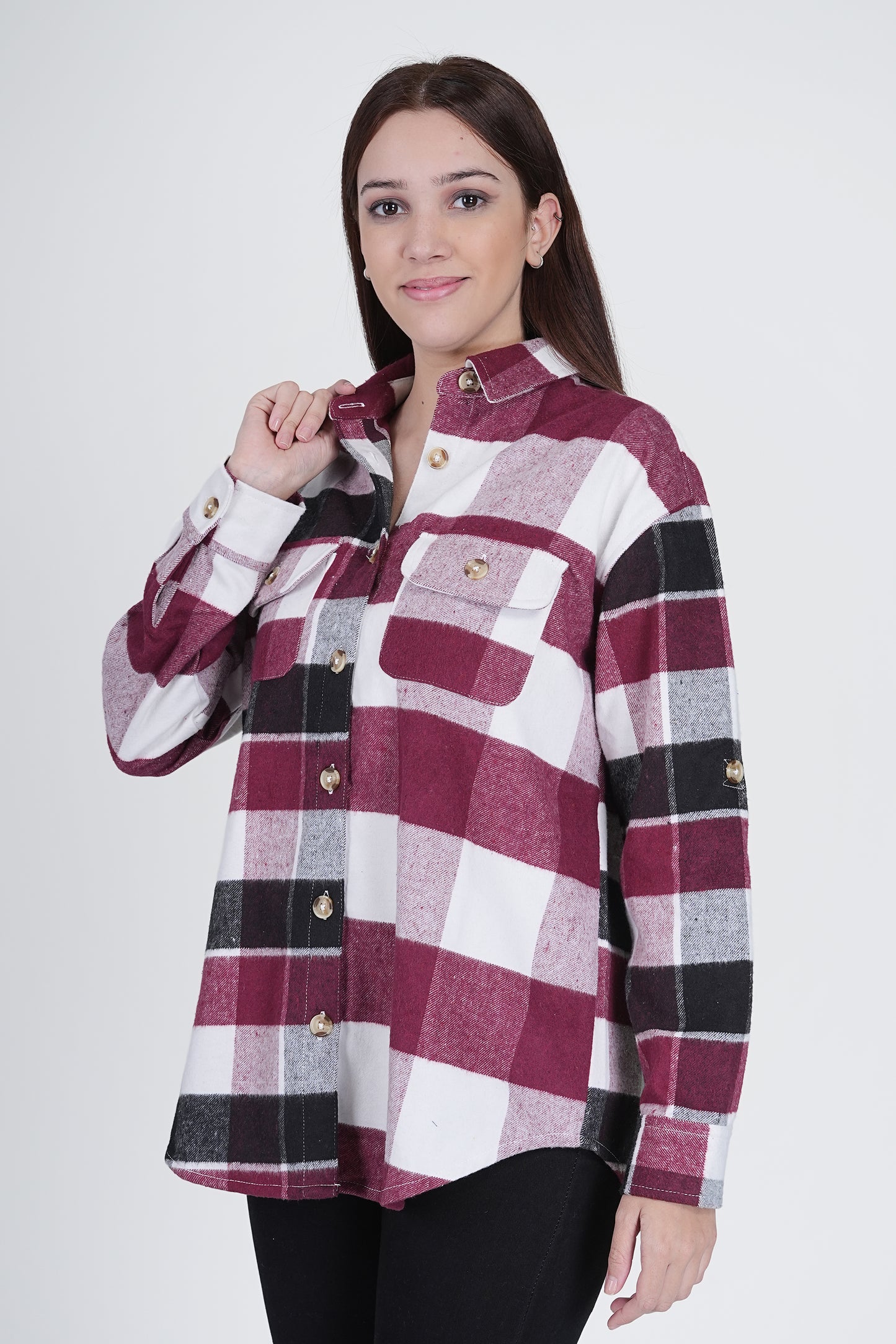 Black and Pink Women's Boxy Fit Checkered Shacket Being Flawless