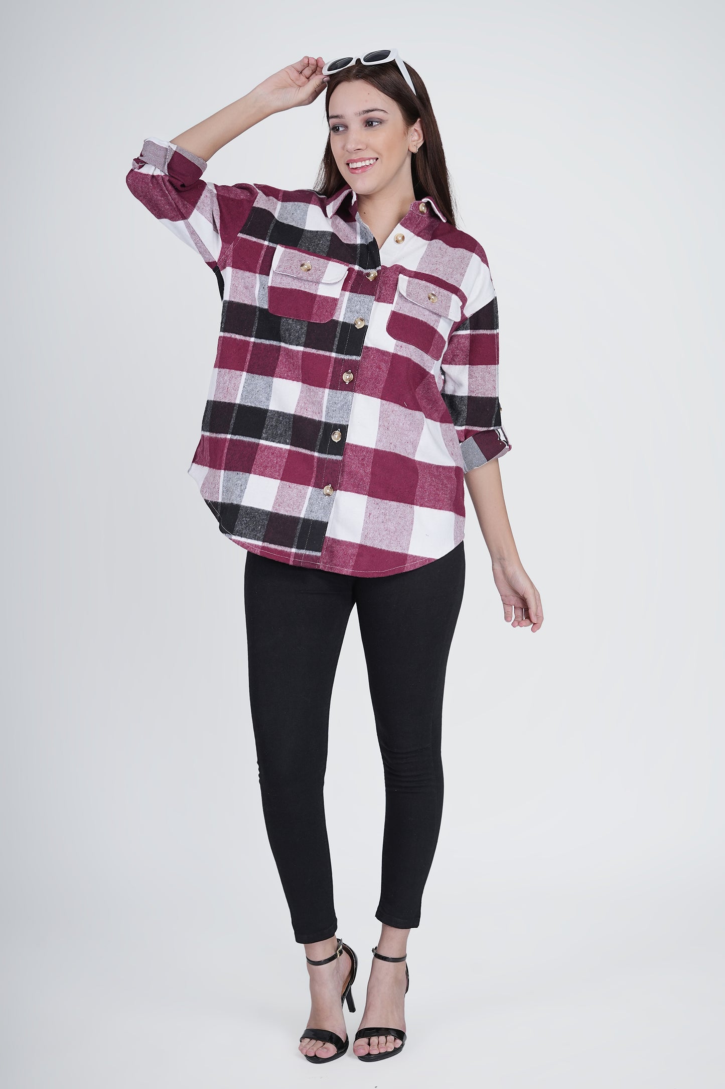 Black and Pink Women's Boxy Fit Checkered Shacket Being Flawless