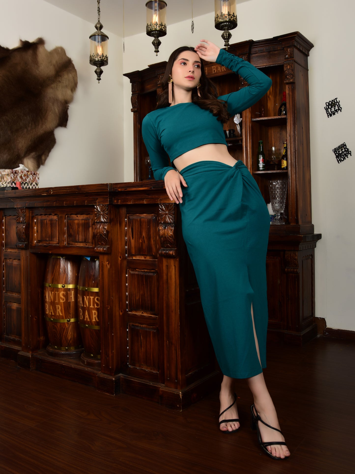 Flawless Women's Teal Cotton Lycra Sexy Top and Front Slit Skirt Party Co-Ord Set | KILLY Being Flawless