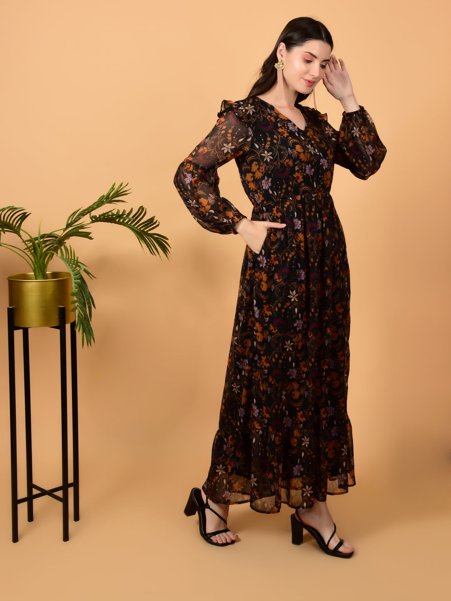 Flawless Brown Print Flared Dress For Women | PIPPA Being Flawless