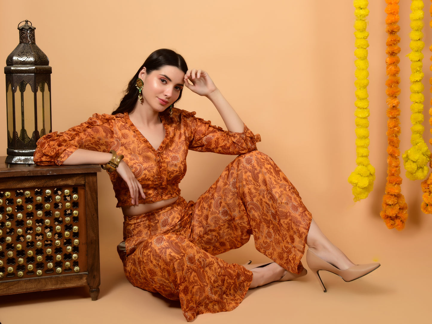 Flawless Women Party Wear Yellow Print Co-ord Set | SELVA Being Flawless