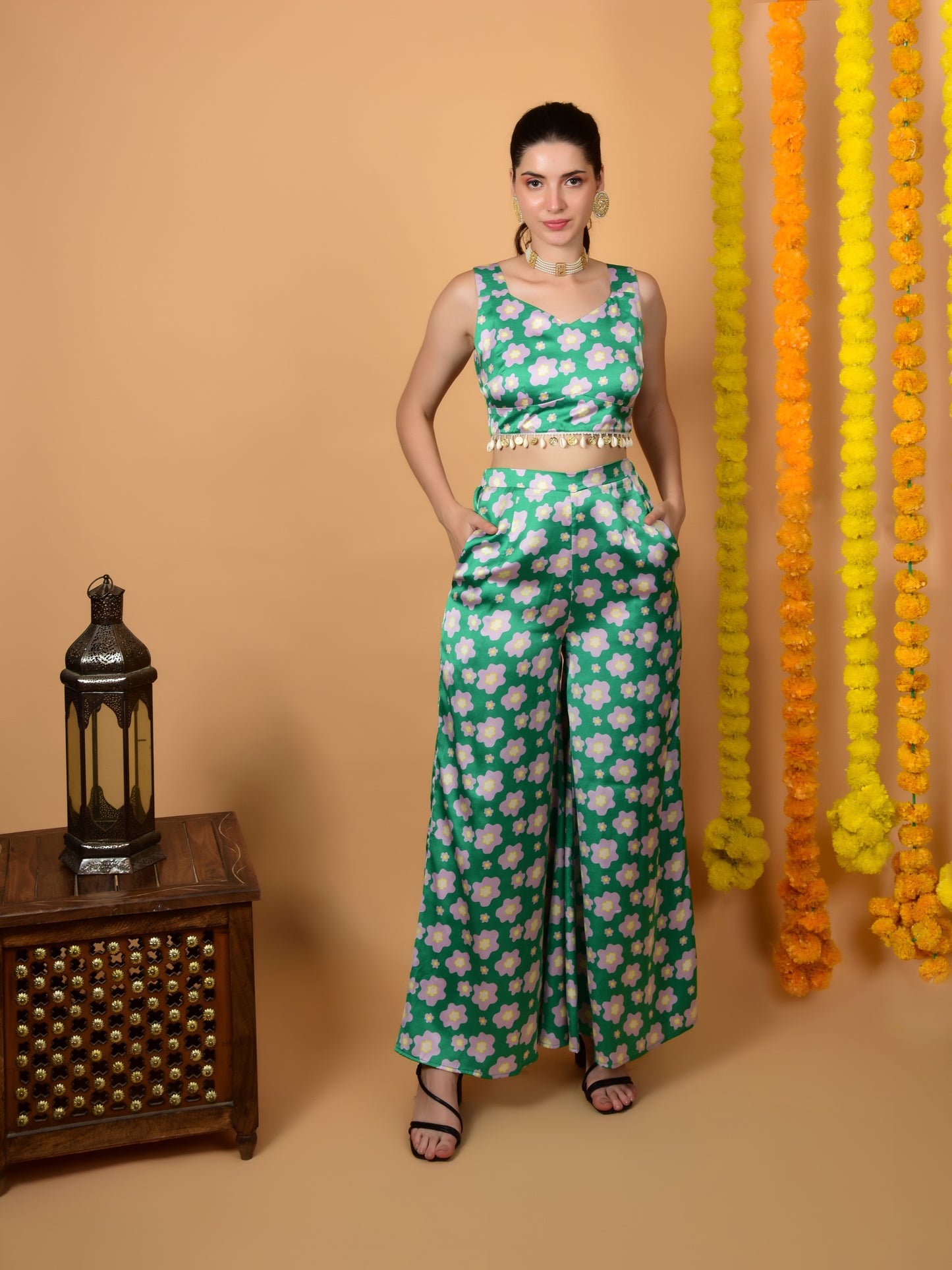 Flawless Women's Green Satin Co-Ord Set | STELA Being Flawless