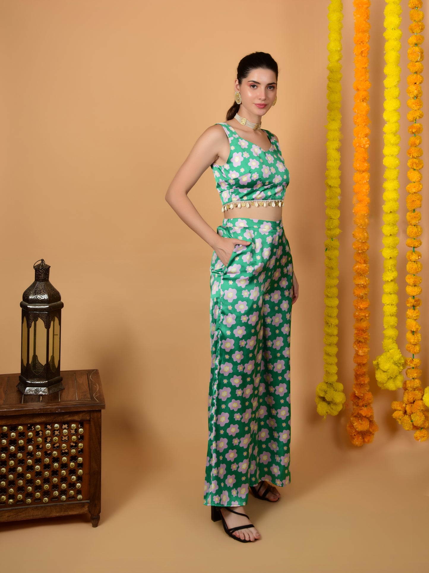 Flawless Women's Green Satin Co-Ord Set | STELA Being Flawless