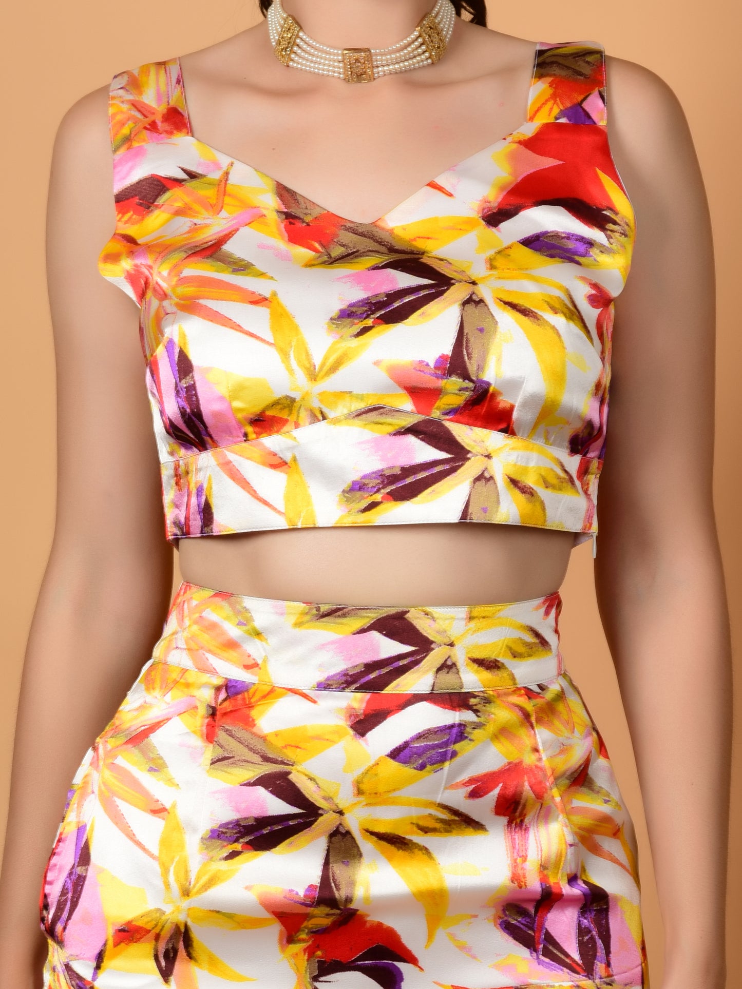 Multicolor Printed Satin Crop Top & Skirt Set - Festive & Party Ready! Being Flawless