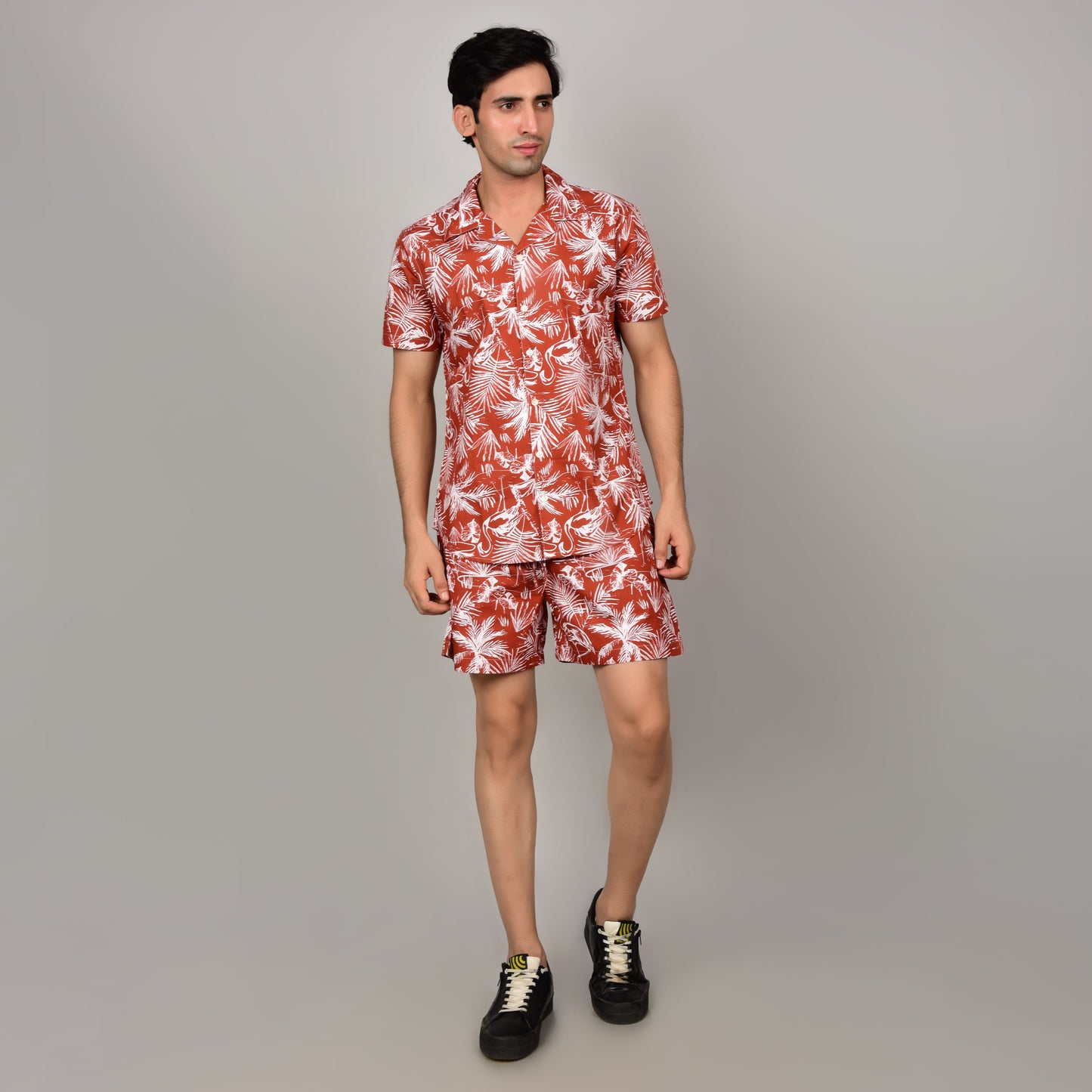 Men's Red Floral Cord Set - Casual Shirt & Short Set - Summer Style Being Flawless