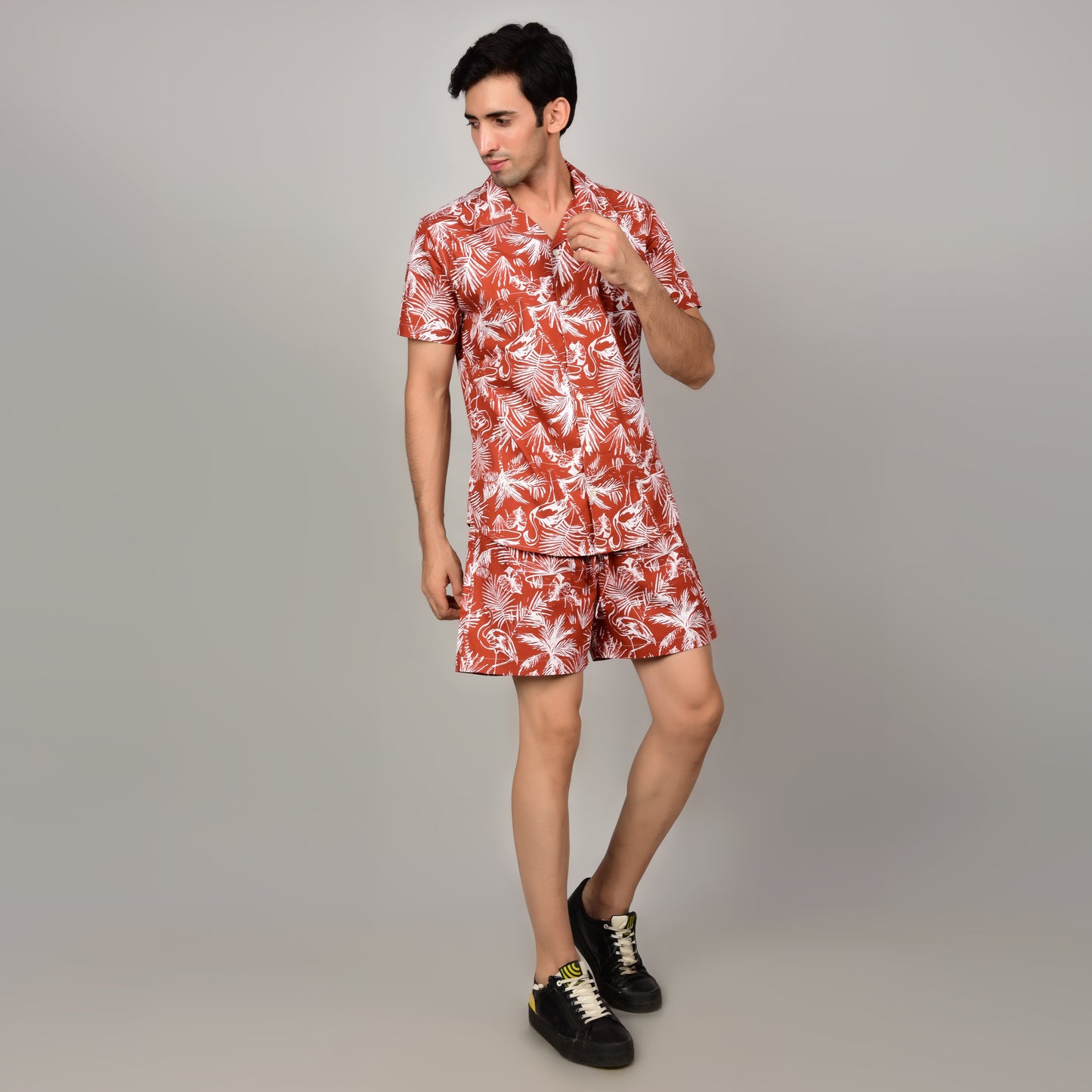 Men's Red Floral Cord Set - Casual Shirt & Short Set - Summer Style Being Flawless