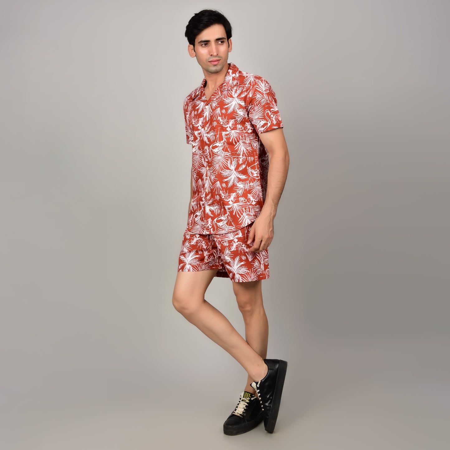 Men's Red Floral Cord Set - Casual Shirt & Short Set - Summer Style Being Flawless