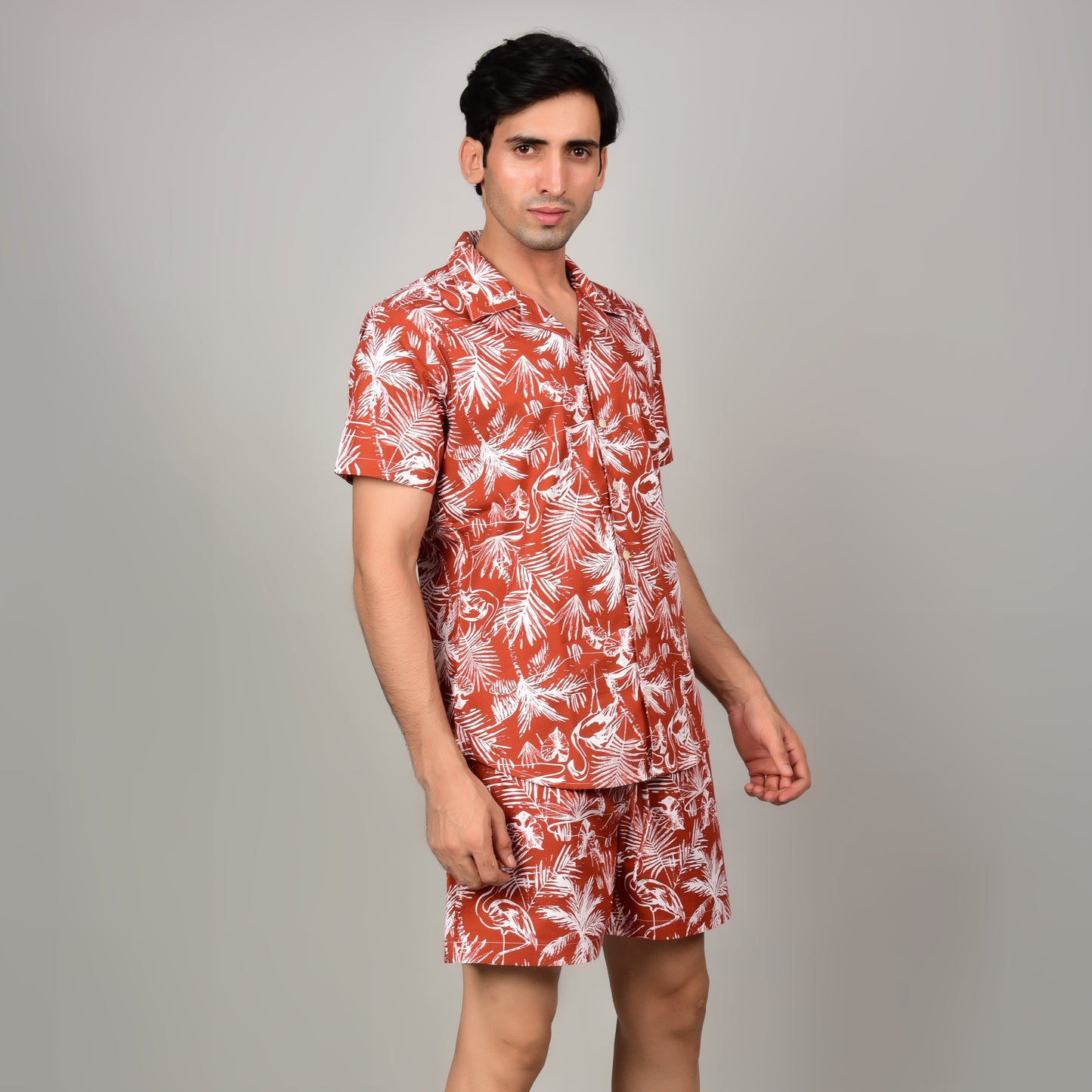 Men's Red Floral Cord Set - Casual Shirt & Short Set - Summer Style Being Flawless