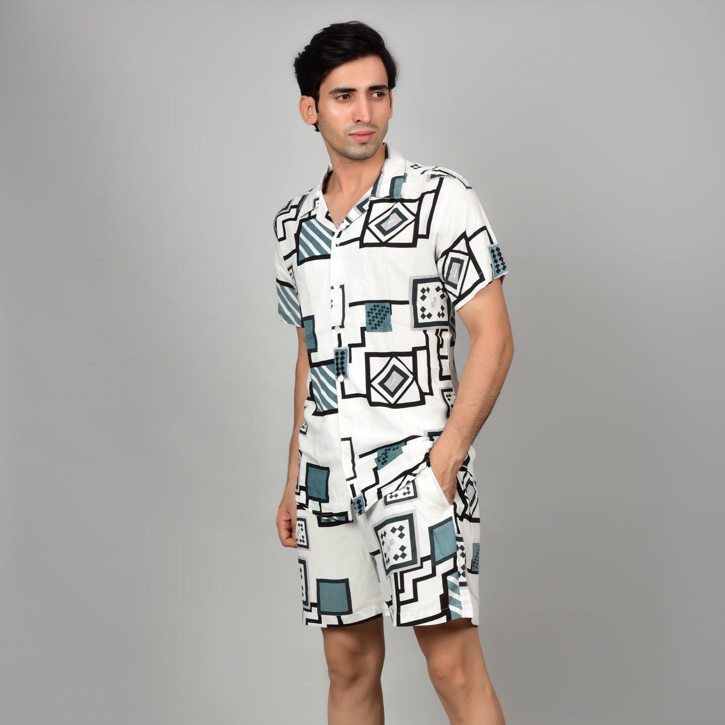 Men Off-White Geometric Cord Set - Casual Shirt & Short Set Being Flawless