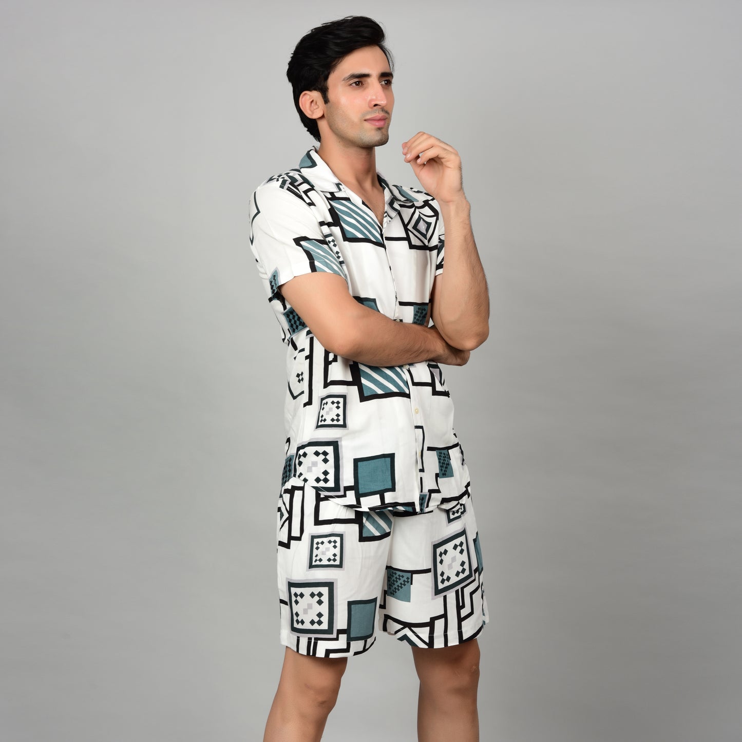 Men Off-White Geometric Cord Set - Casual Shirt & Short Set Being Flawless