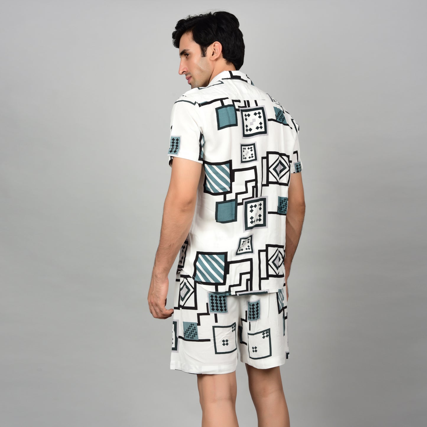 Men Off-White Geometric Cord Set - Casual Shirt & Short Set Being Flawless