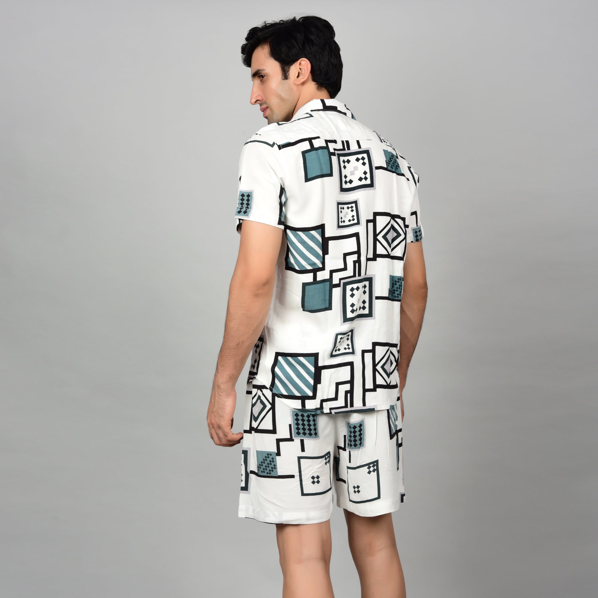 Men Off-White Geometric Cord Set - Casual Shirt & Short Set Being Flawless