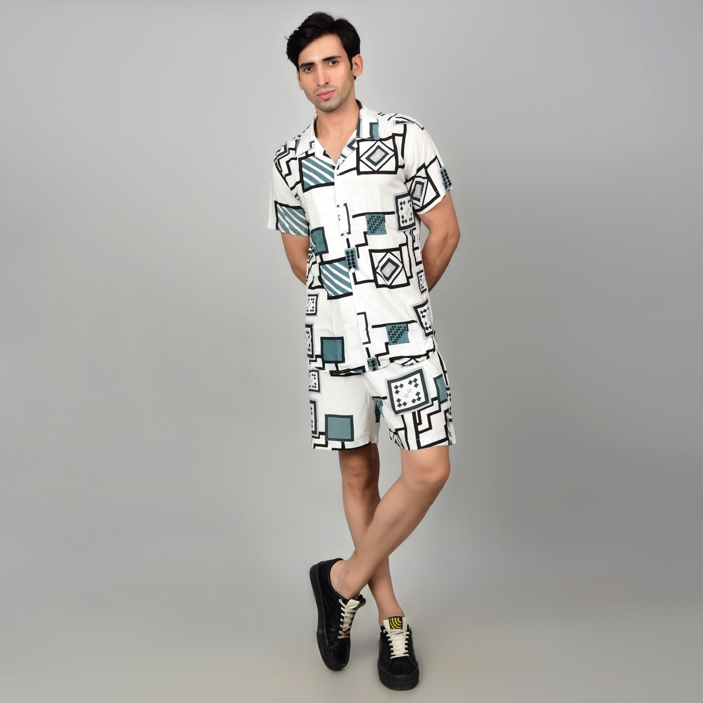 Men Off-White Geometric Cord Set - Casual Shirt & Short Set Being Flawless