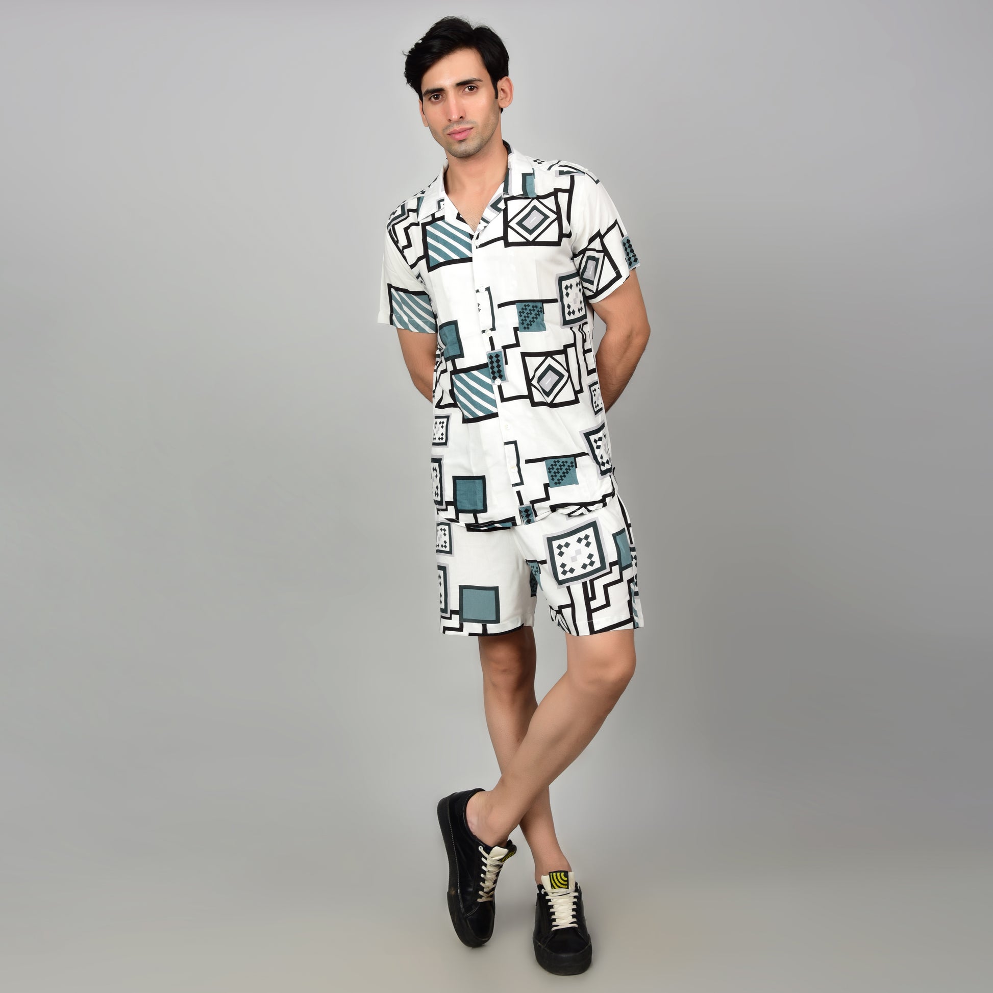Men Off-White Geometric Cord Set - Casual Shirt & Short Set Being Flawless