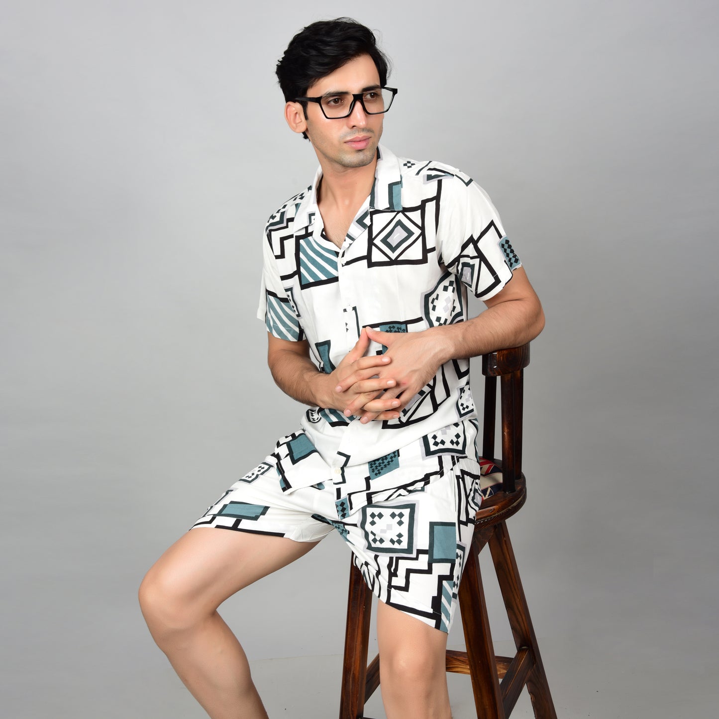 Men Off-White Geometric Cord Set - Casual Shirt & Short Set Being Flawless