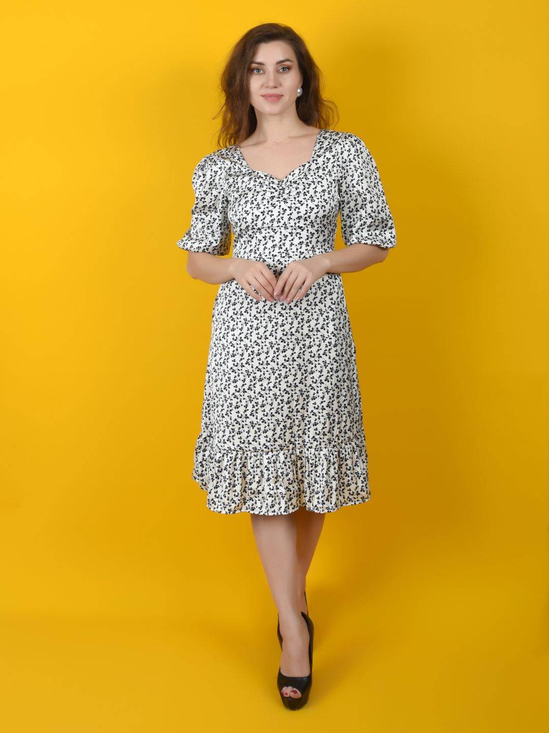 Flawless Women White Black Print Midi Dress | SANDRA Being Flawless