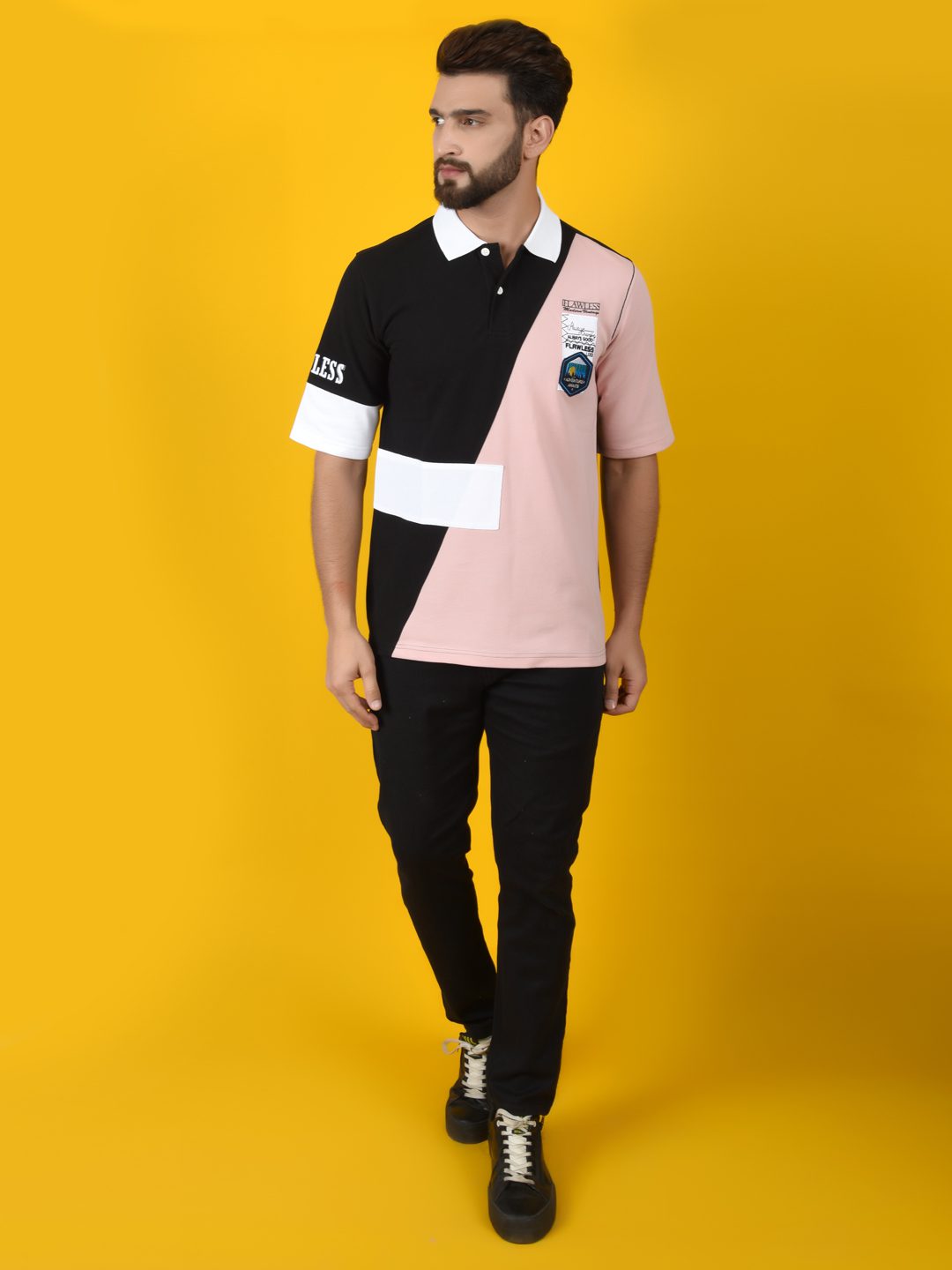 Flawless Men Pink Solid Polo Neck T-Shirt | OETA Being Flawless