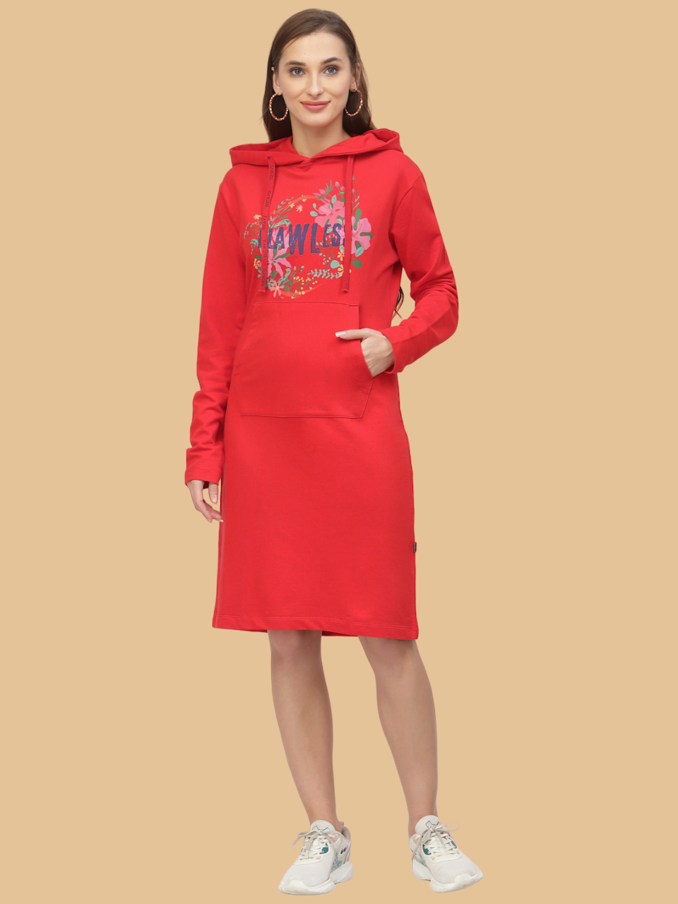 Flawless Women's Red Hooded Dress For Winter Being Flawless