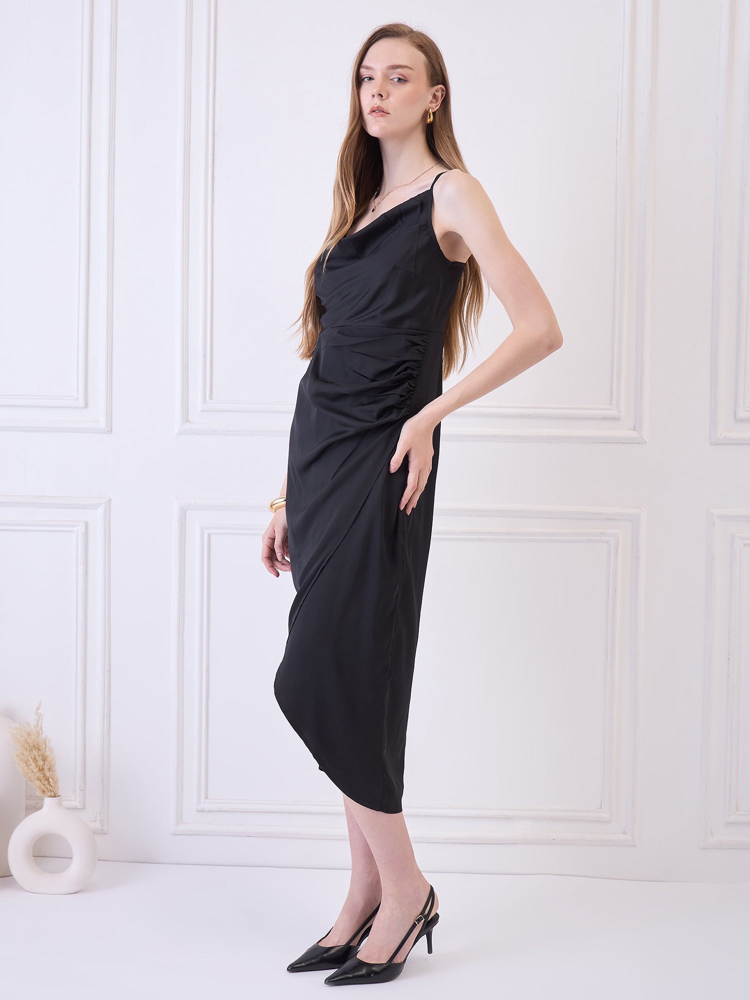BLACK COWL NECK DRESS WITH SLIT Being Flawless
