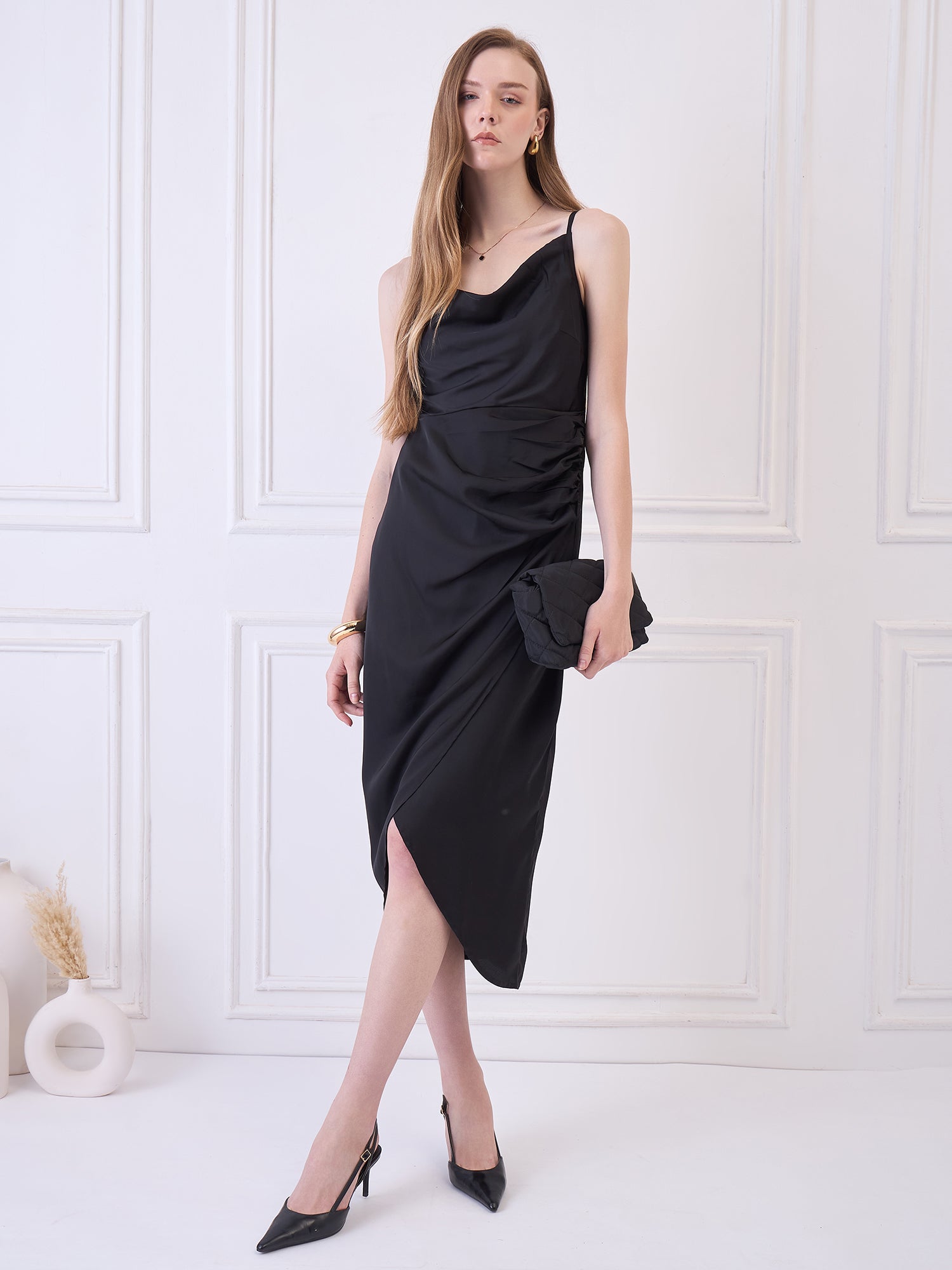 BLACK COWL NECK DRESS WITH SLIT Being Flawless