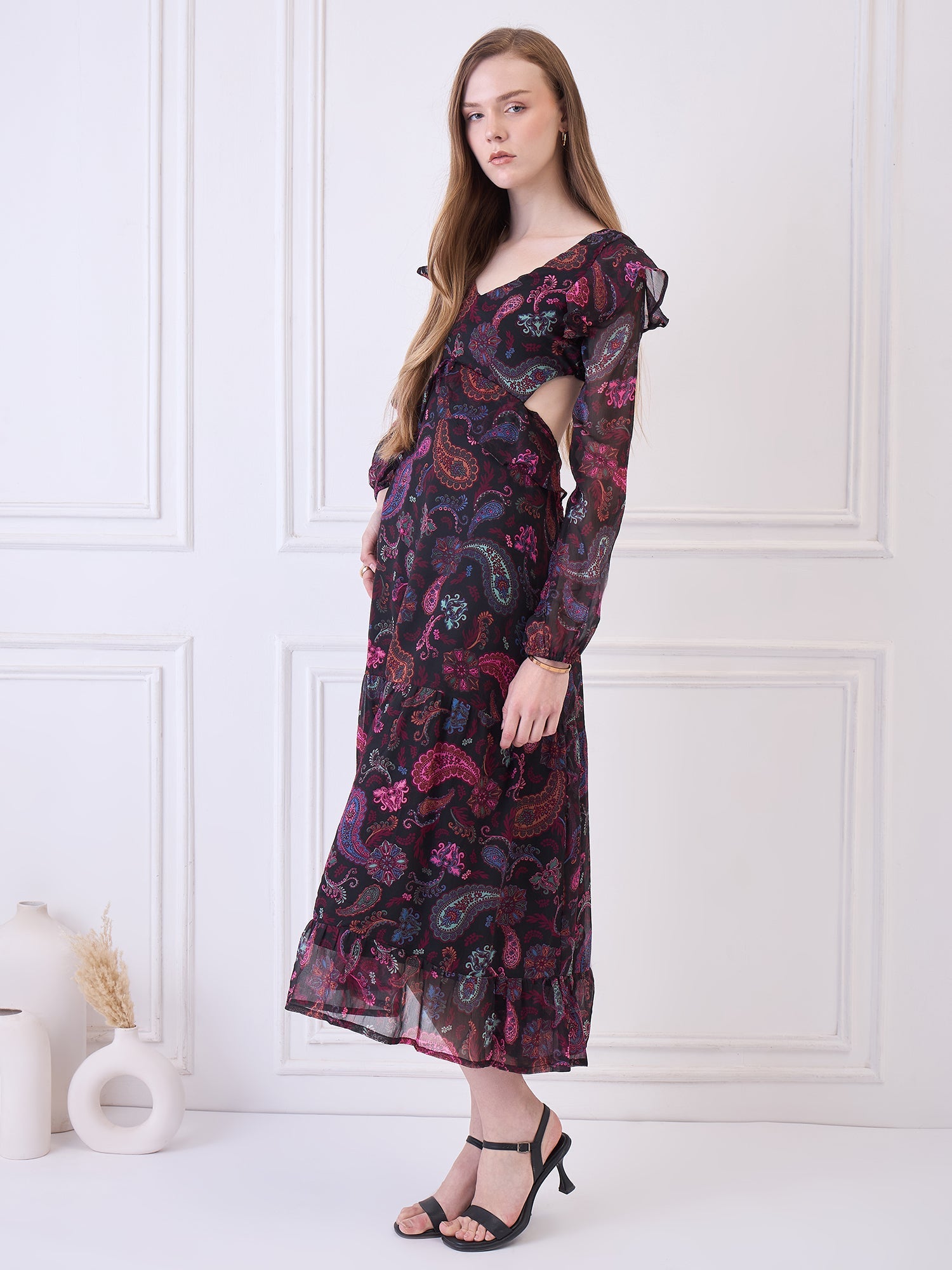 Flawless Women Multicolor Maxi Maroon Dress | RUFFLE Being Flawless