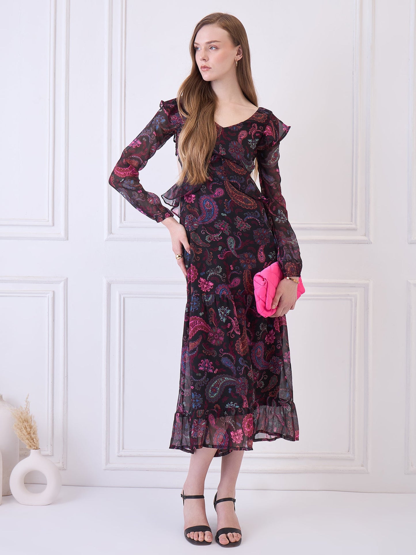 Flawless Women Multicolor Maxi Maroon Dress | RUFFLE Being Flawless